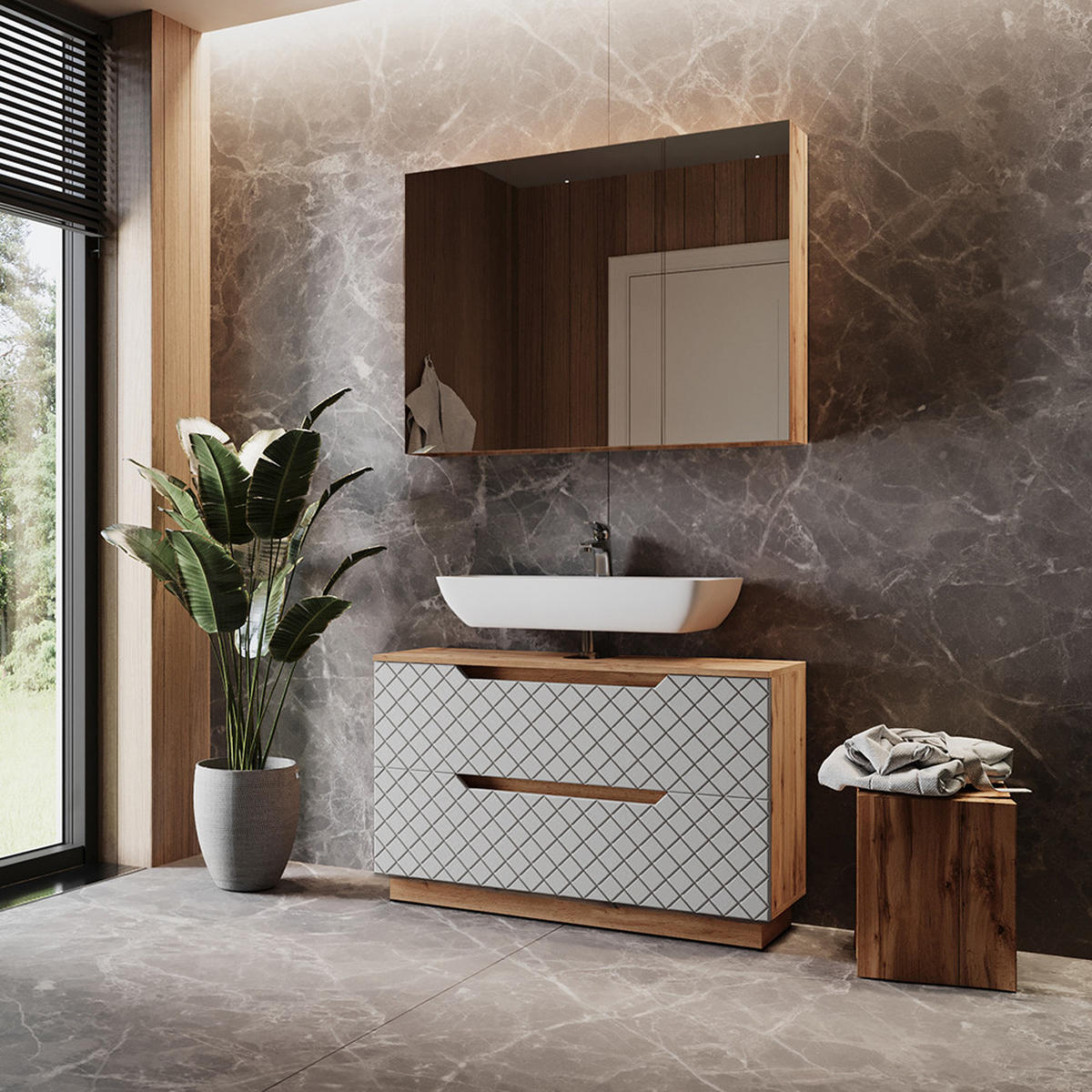 BADMÖBEL-SET Lotta Eiche/Grau mit Kachelstruktur 2 Teile - Grau, Holzwerkstoff (99.4/62.5/32cm) - Vicco
