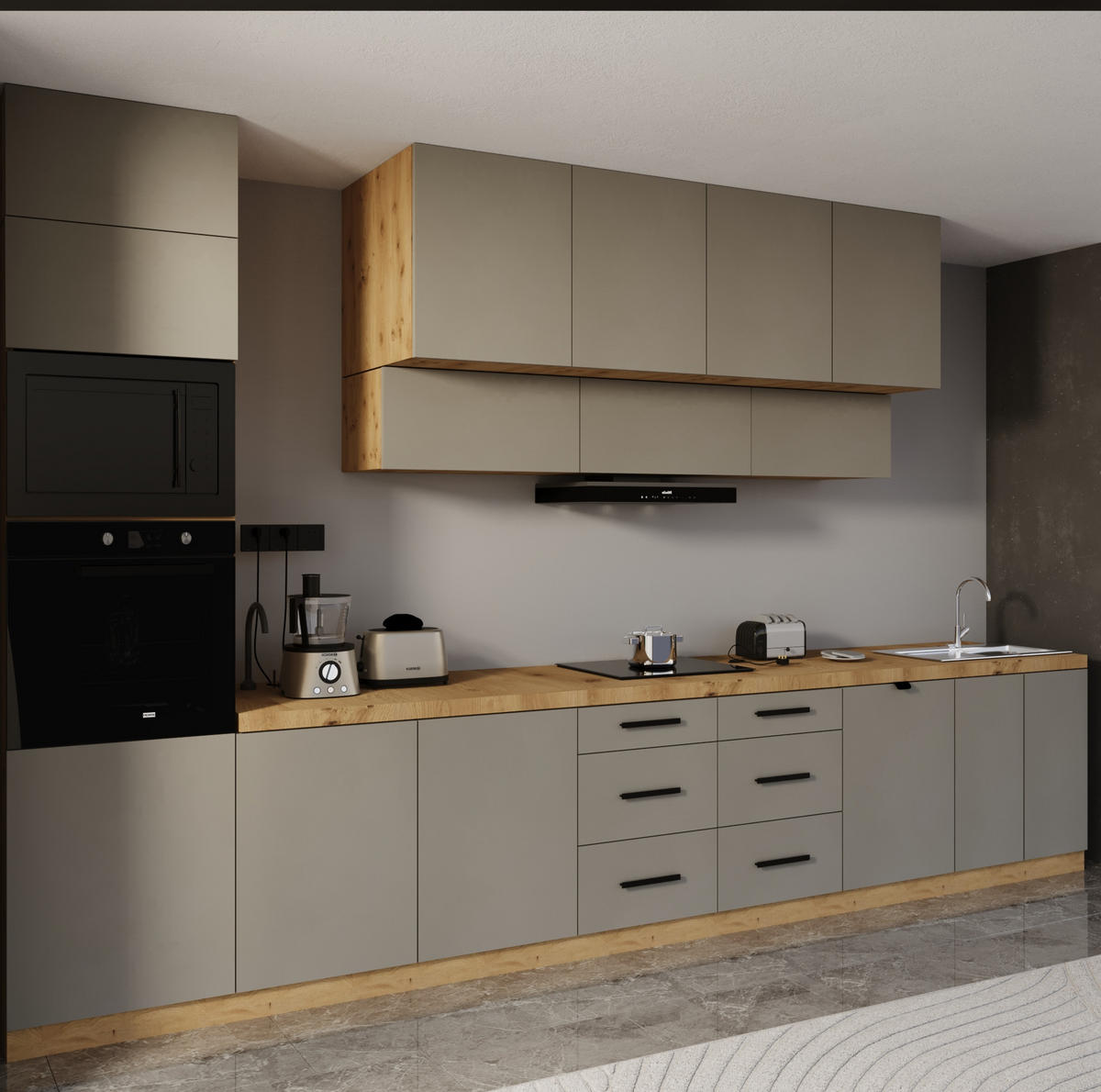 KÜCHENZEILE 440 cm - Langen KL8-M440 in Beige/Matt - Beige/Schwarz, Holz/Metall (440/248/58cm)