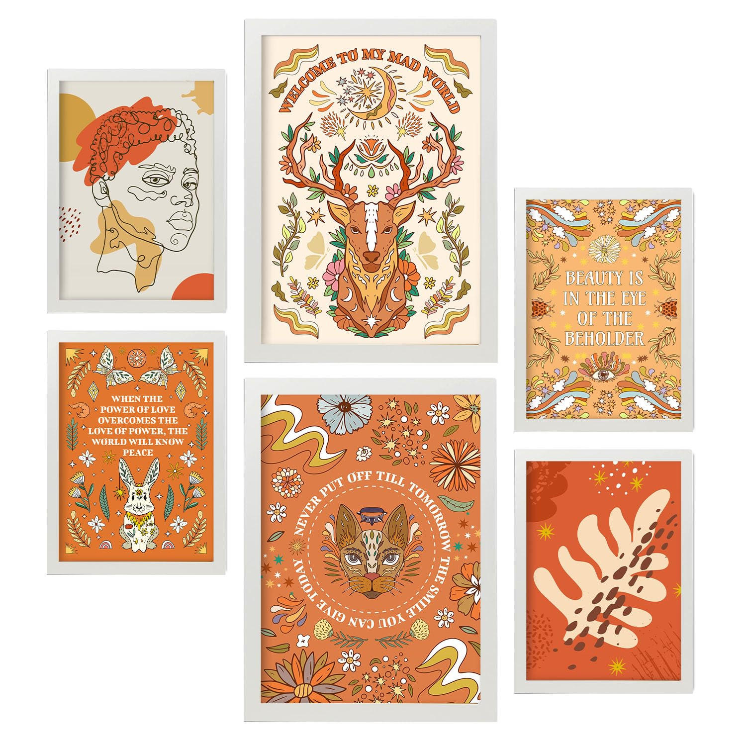 POSTER Set Mit 6 Drucken Von Orange In Brilliant Groovy Style Collection Dekorative Rahmen Für Ihr Zuhause Wandkunstdruck A3 & A4 Weißer Rahmen - Weiß, Papier (29/3cm) - Nacnic