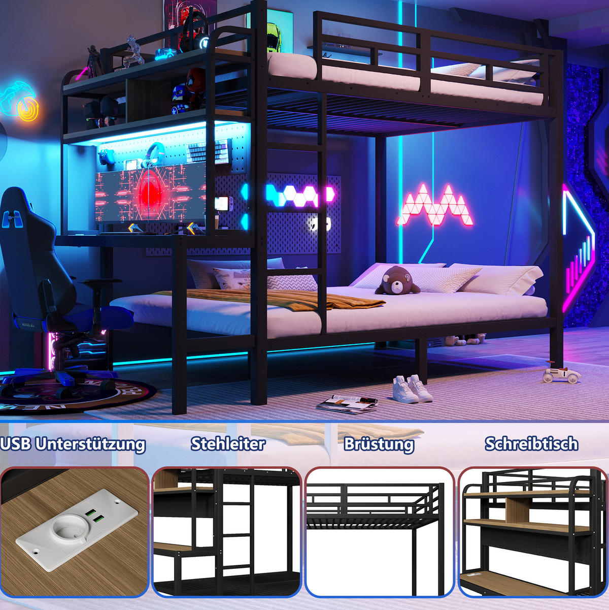 ETAGENBETT 140/200 cm in Schwarz mit Schreibtisch, Ablagen und LED-Beleuchtung - Schwarz, Metall (140/200cm) - OKMYHOME