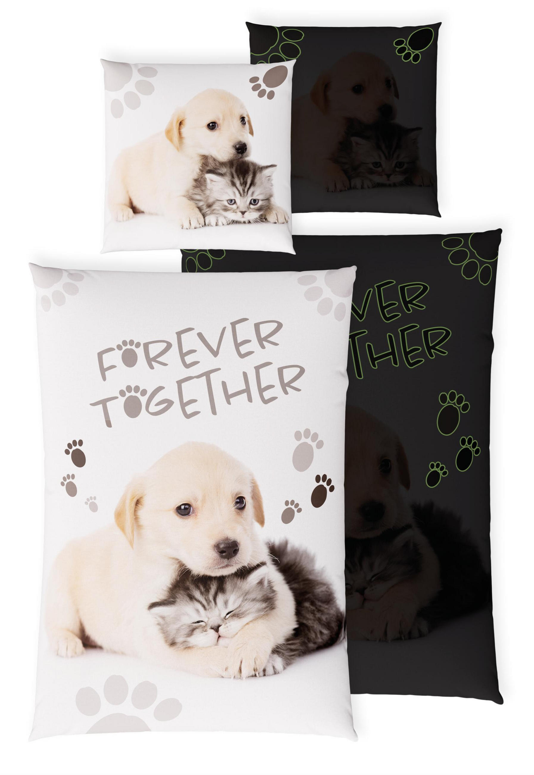 KINDERBETTWÄSCHE 135x200 cm Hund Katze Tiere aus 100% Baumwolle - Leuchtet um Dunkeln - Multicolor/Creme, Textil (135/200cm) - Carpe Sonno