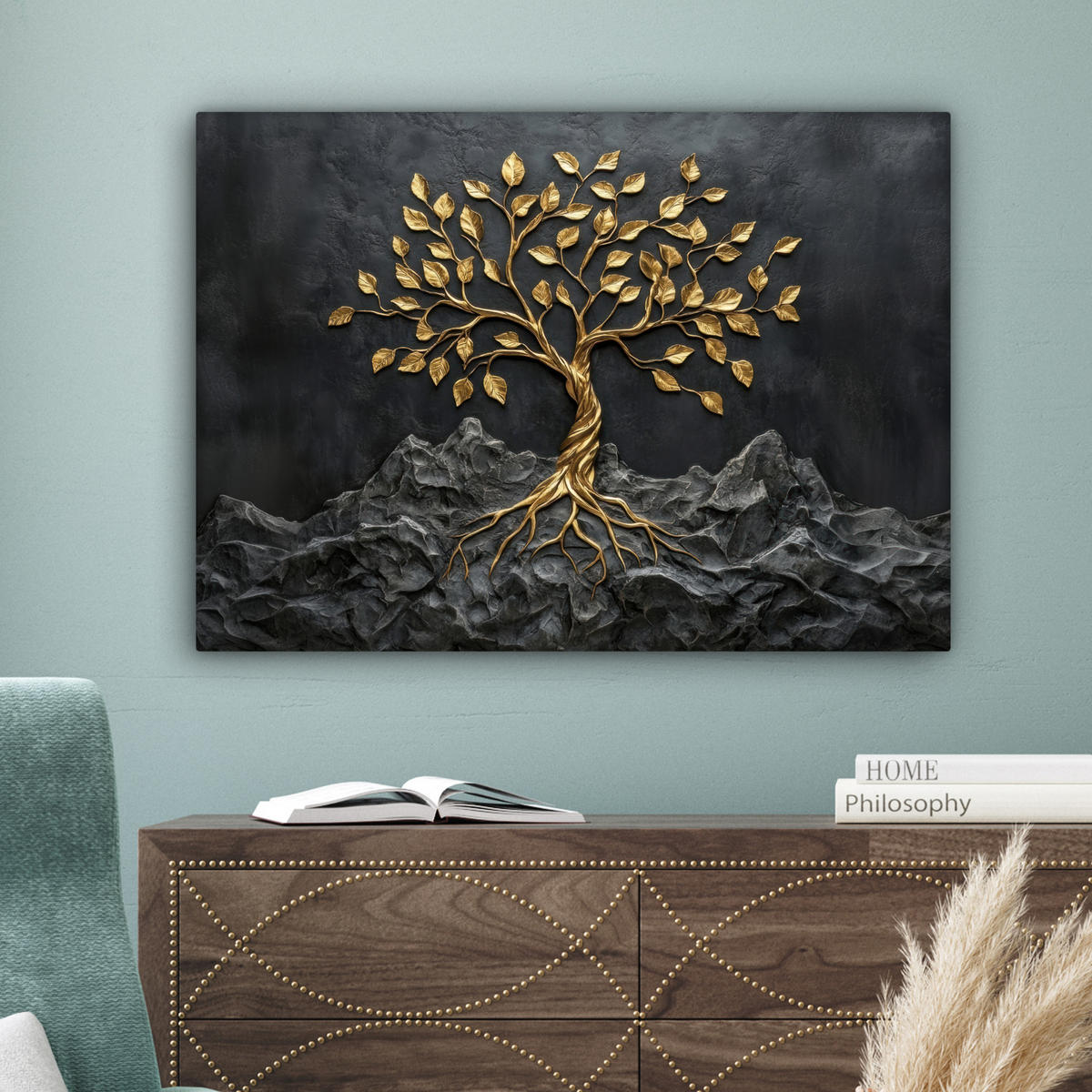 LEINWANDBILD Blätter - Gold - Baum - Fels Wandbilder 80x60 cm - Schwarz, Textil (80/60cm) - MuchoWow