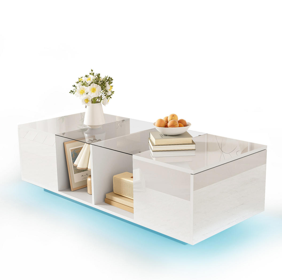 COUCHTISCH 120/50/38,5 cm in Weiß mit LED-Beleuchtung und seitlichem Stauraum - Weiß, Holzwerkstoff (120/50/38.5cm) - Flora Grace