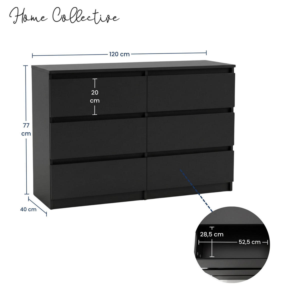 KOMMODE mit fünf Schubladen in Schwarz - Schwarz, Holzwerkstoff (120/77/40cm) - Home Collective