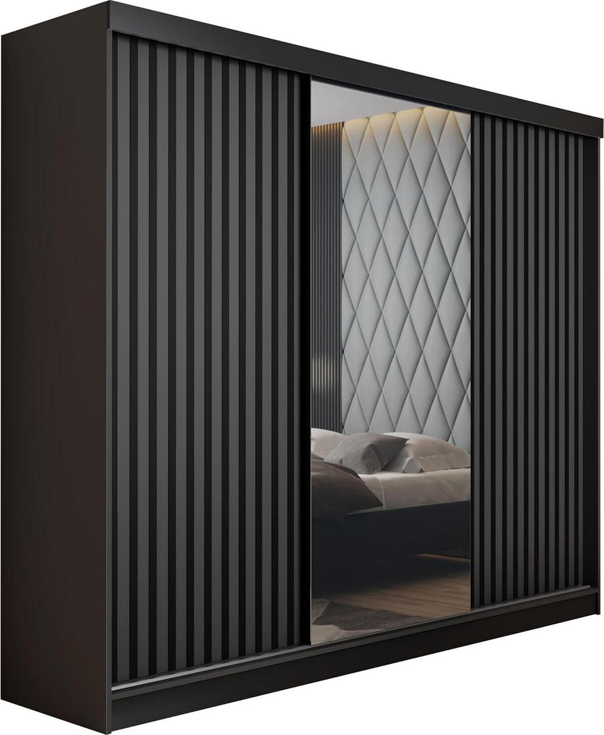 SCHIEBETÜRENSCHRANK MALANI - Schwarz und Graphit 200x205x59 cm - Graphitfarben/Schwarz, Holzwerkstoff (200/205/59cm) - Kier Furniture