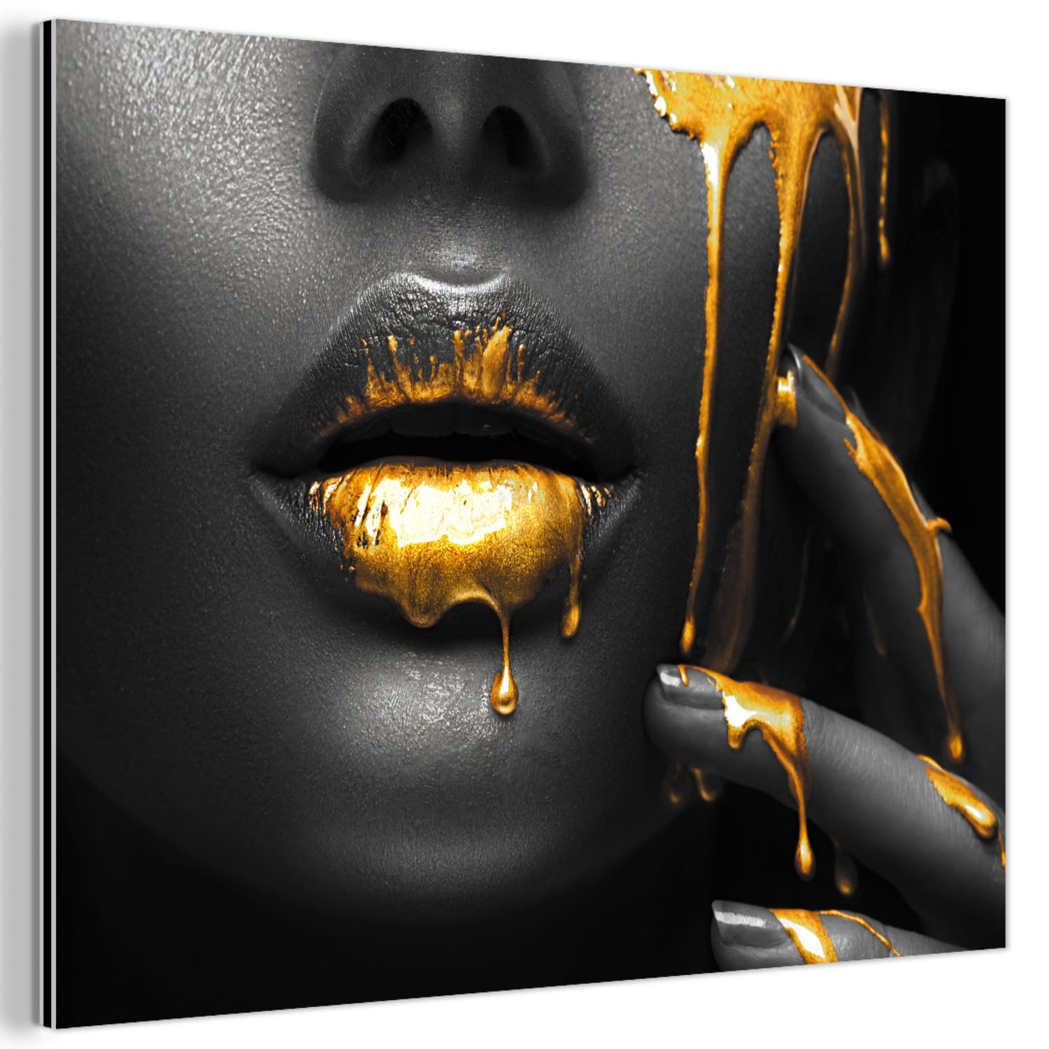 METALLBILD Frau - Schwarz - Gold - Gesicht - Lippen 80x60 cm - Goldfarben, Metall (80/60cm) - MuchoWow