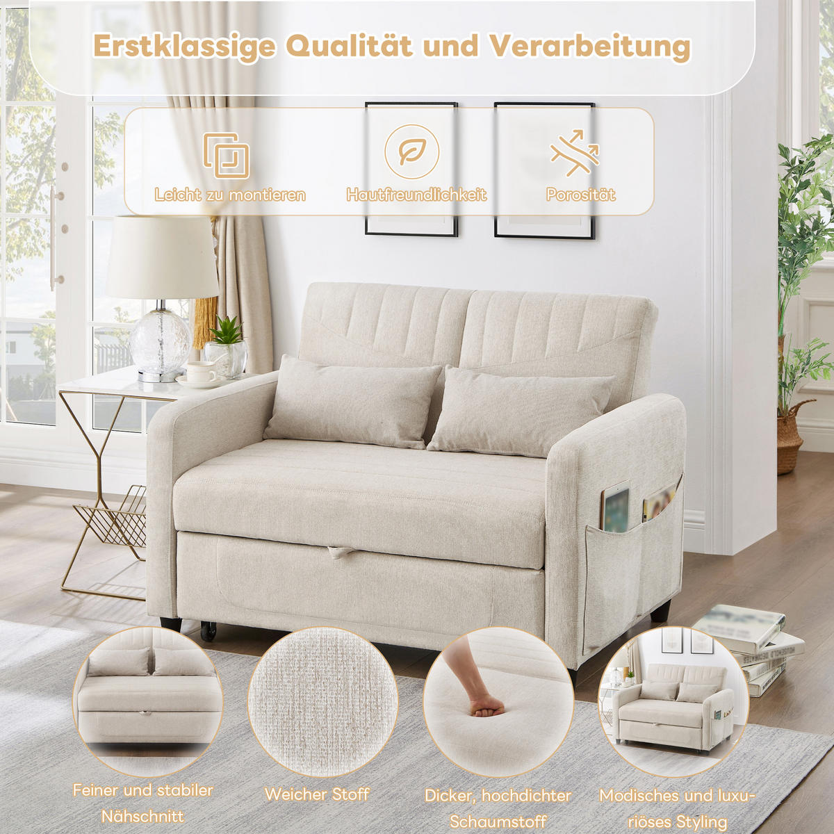 SOFABETT Baumwoll-Leinen mit Ausziehfunktion und verstellbarer Rückenlehne Beige 114/77/82,5 cm - Beige, Textil (77/82.5/114cm) - Redom
