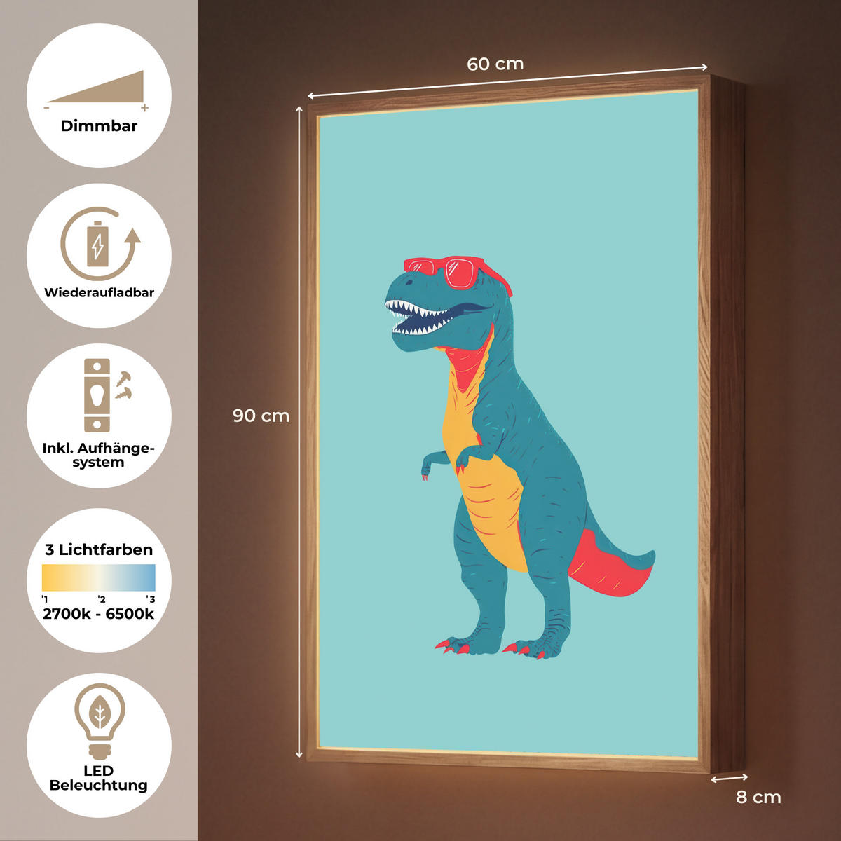 NÁSTĚNNÁ LAMPA S AKUMULÁTOREM Dinosaurus - Modrá - Sluneční brýle 60x90 cm - světle modrá, kompozitní dřevo (60/90/8cm) - OnlyWow