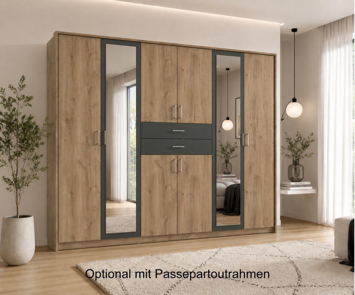DREHTÜRENSCHRANK Kleiderschrank B270/H208/T58 cm mit Schubkästen & 2 Spiegeltüren, Eiche Dekor mit Absetzungen in Grafit / 22596 - Eichefarben/Silberfarben, Holzwerkstoff/Kunststoff (270/208/58cm) - luma-home