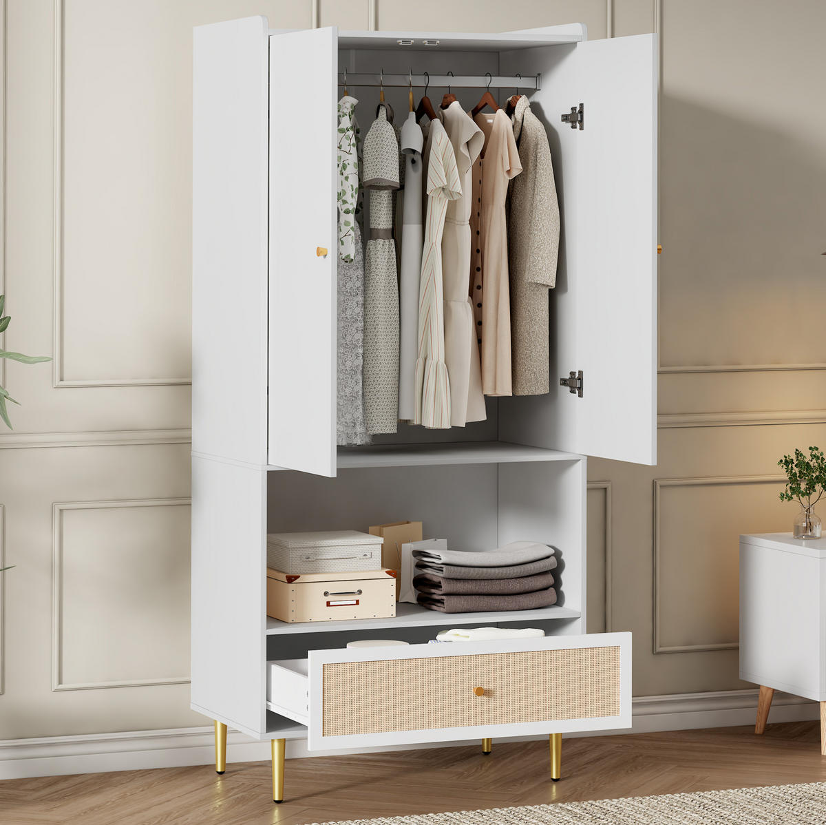 KLEIDERSCHRANK aus Spanplatte 48x80x175 cm Weiß/Natur mit 2 Türen, Schublade und Kleiderstange mit PE-Rattan-Fronten - Naturfarben, Holzwerkstoff (80/175/48cm) - Modfu