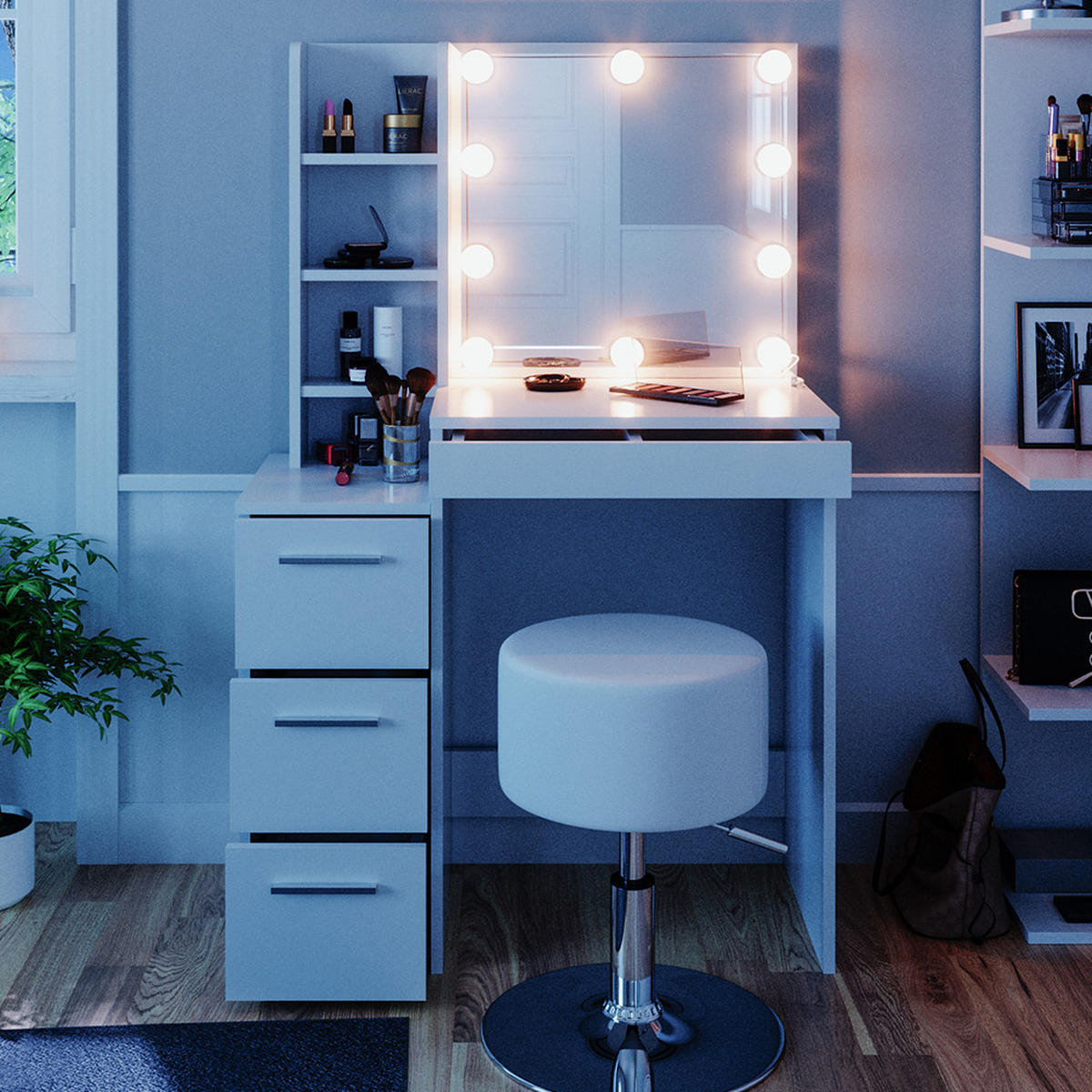 SCHMINKTISCH Meryl Weiß 79.9 cm mit LED Beleuchtung und Hocker - Weiß, Holzwerkstoff (40/127.4/79.9cm) - Vicco