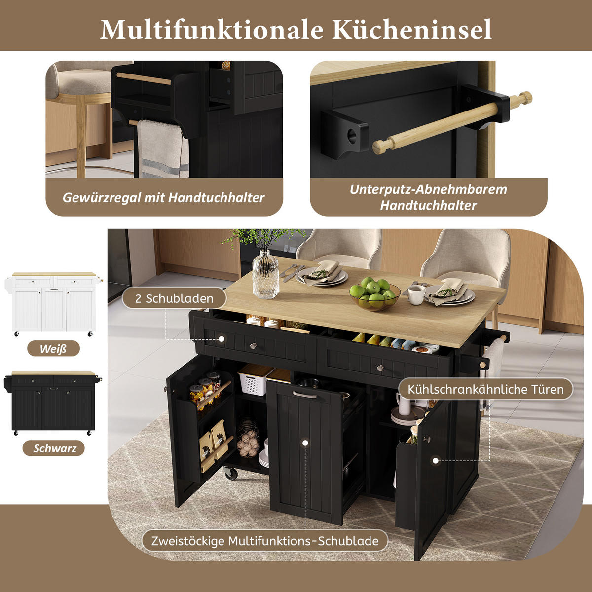 KÜCHENINSEL 140/40/92 cm Schwarz mit Ausziehbarer Arbeitsplatte und Multifunktionsschubladen - Schwarz, Holz (40/92/139.5cm) - Oxeza