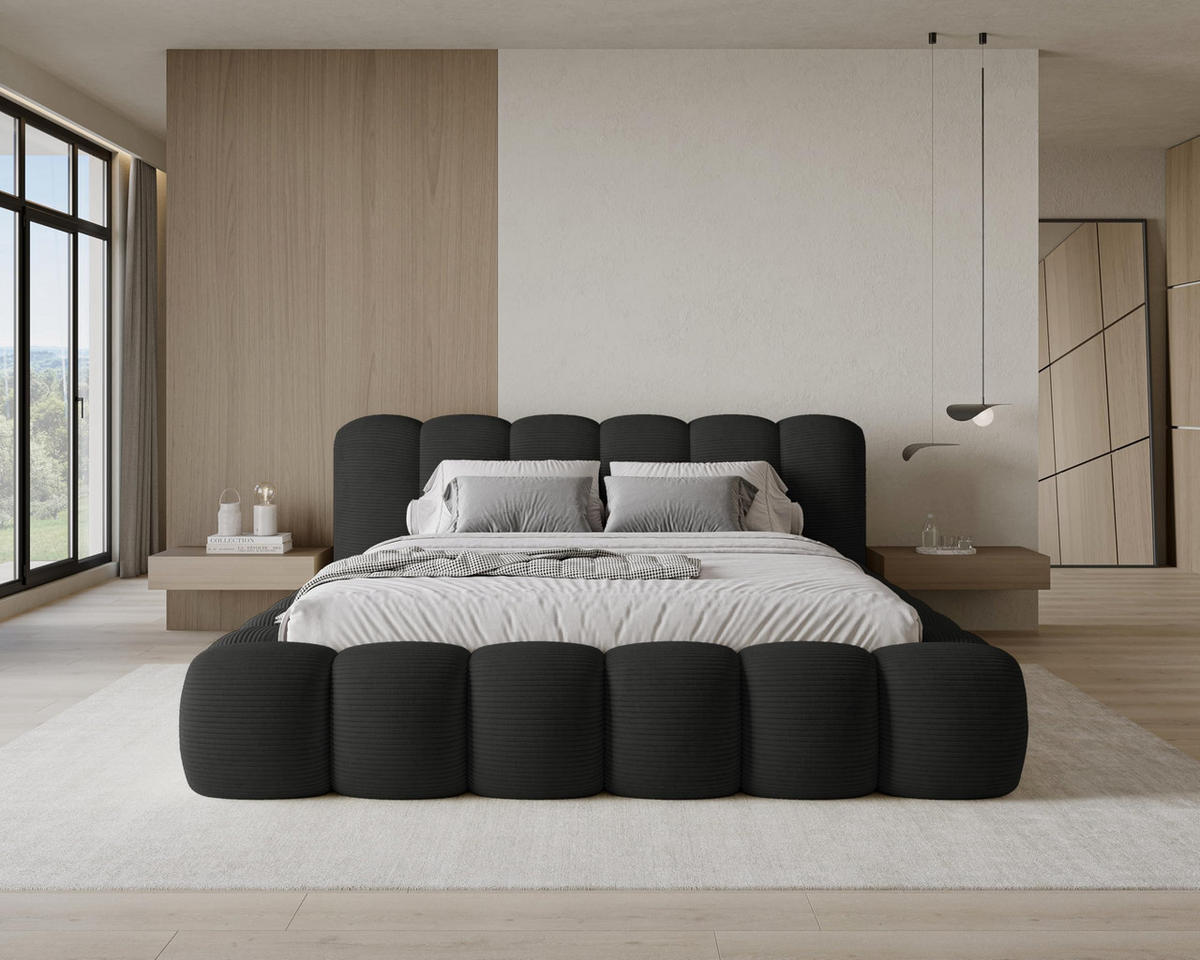 POLSTERBETT 160x200 mit Bettkasten, Lattenrost und Kopfteil, Poso Cord-Stoffbezug Schwarz - Schwarz, Holz (160/200cm) - Chilly