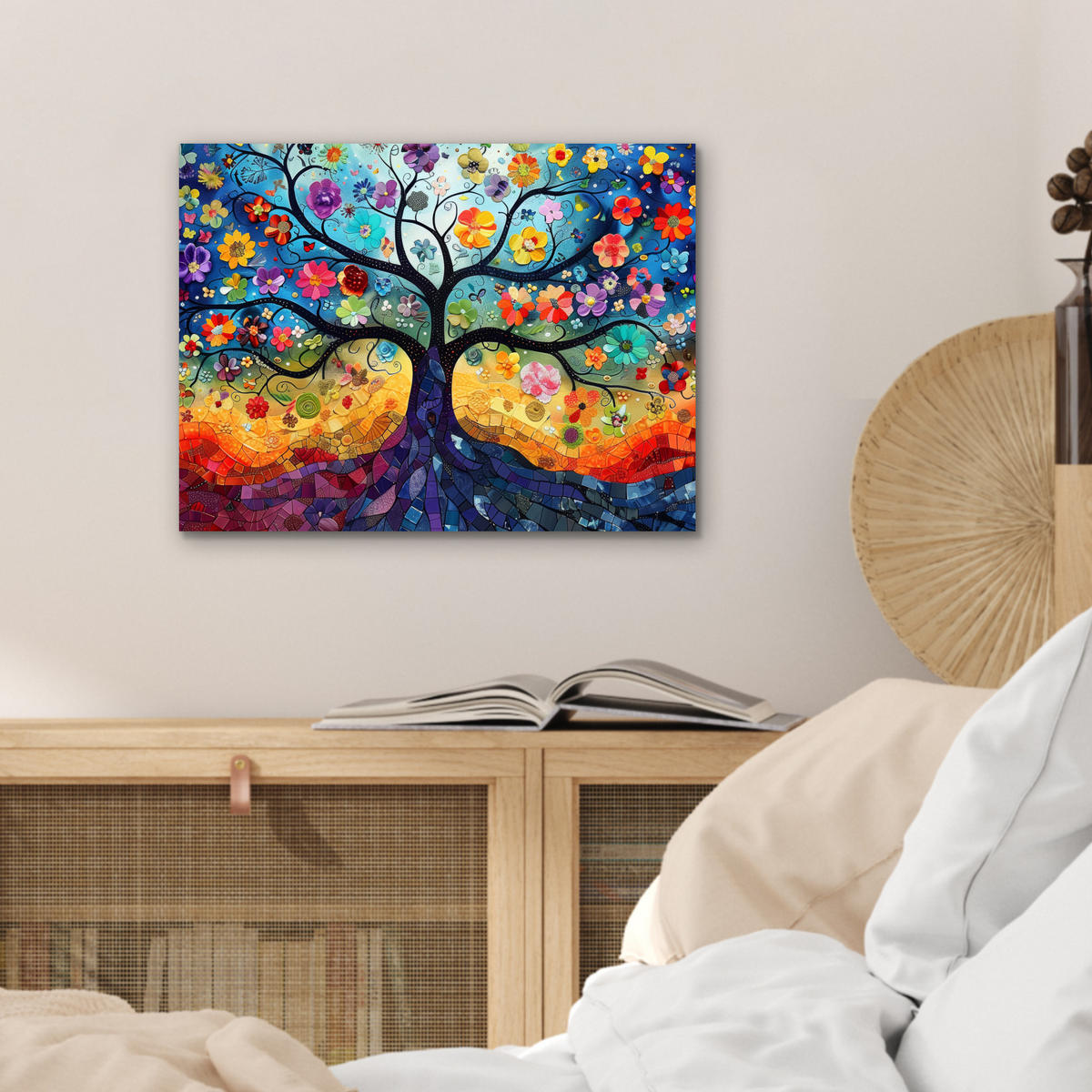 KOVOVÝ OBRAZ Umenie - Strom života - Kvety - Hippie 40x30 cm - tmavomodrá, kov (40/30cm) - MuchoWow