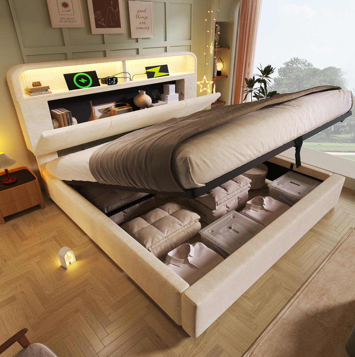 BETT mit Stauraum 160x200 cm Samt Beige inkl. Matratze - Beige, Metall (160/200cm) - Meubliv