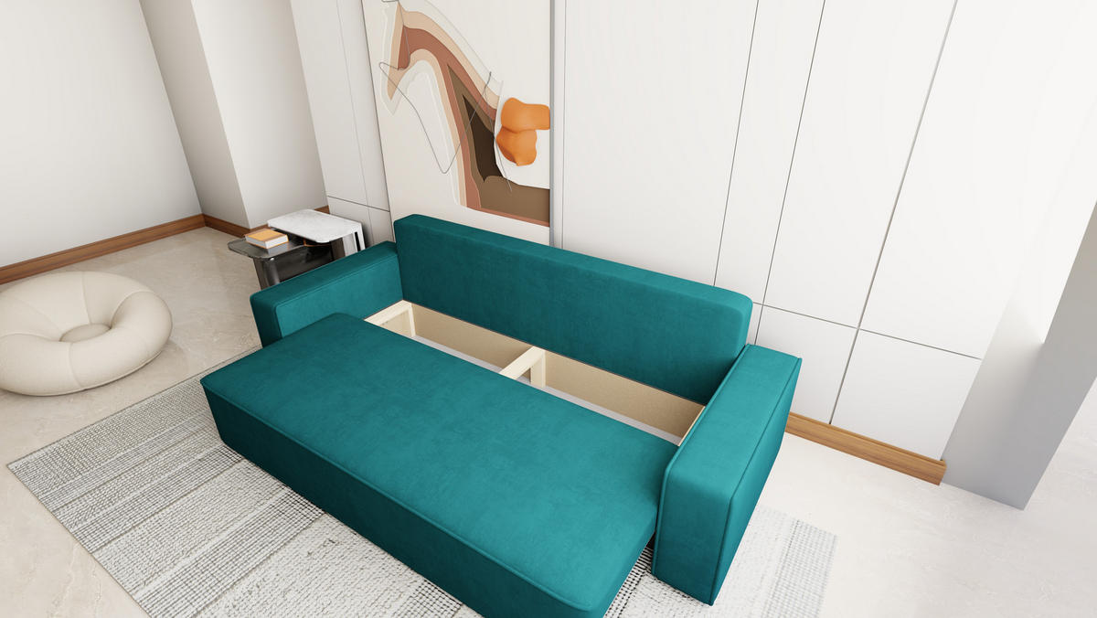 SOFA Veno mit Bettkasten und Schlaffunktion, Velourstoff - Türkis, Holzwerkstoff (242/85/95cm)