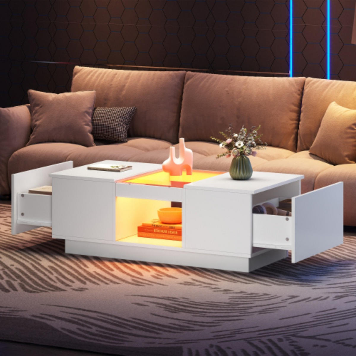 COUCHTISCH 100/50/35,5 cm weiß mit Glasverkleidung LED-Beleuchtung App-Steuerung 2 Schubladen - Weiß, Holzwerkstoff (100/50/35.5cm) - OKWISH