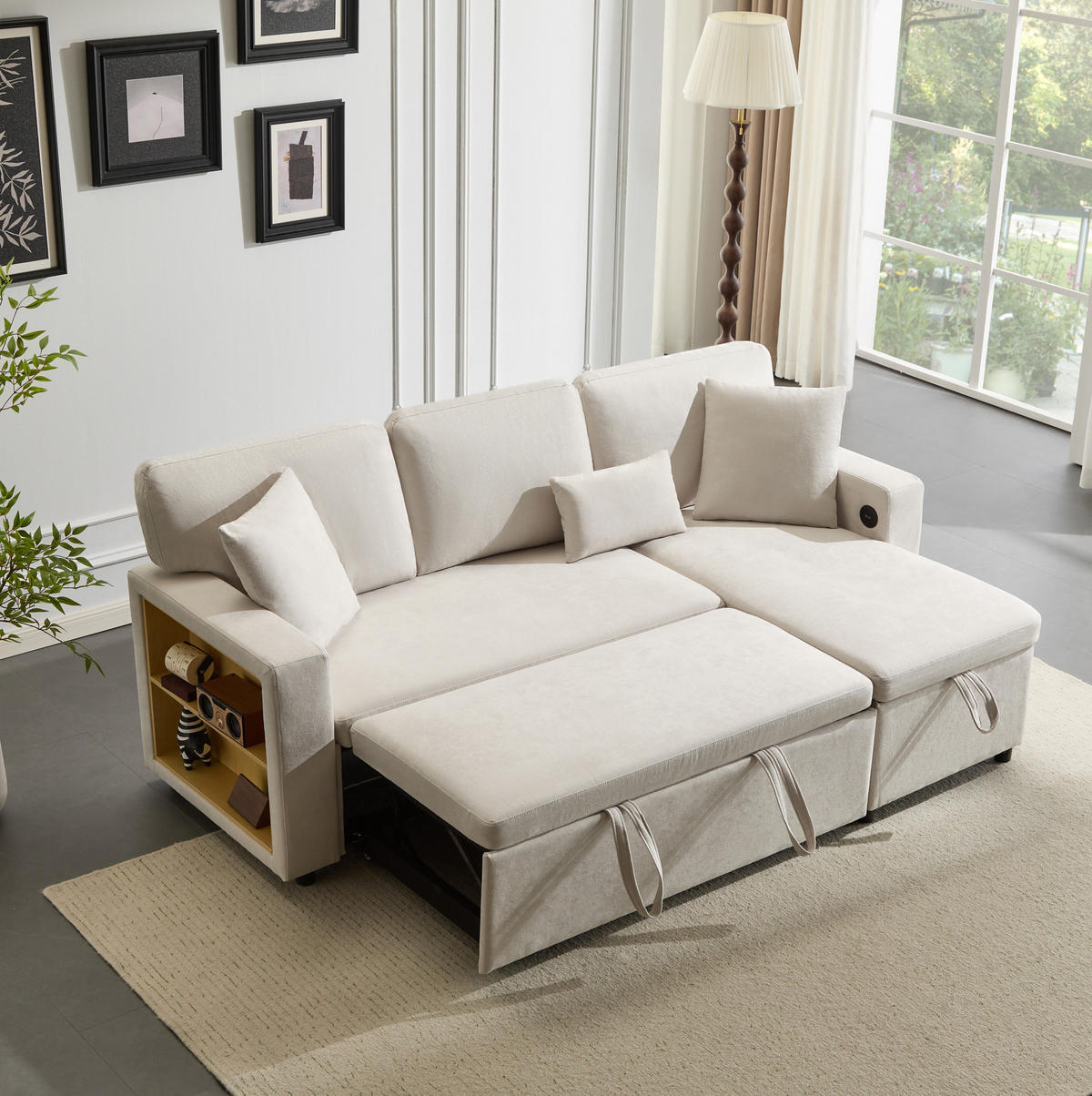 ECKSOFA Eckschlafsofa Stoff mit USB-Anschluss und Stauraum Beige 214/131/87 cm - Beige, Textil (87/131cm) - Redom