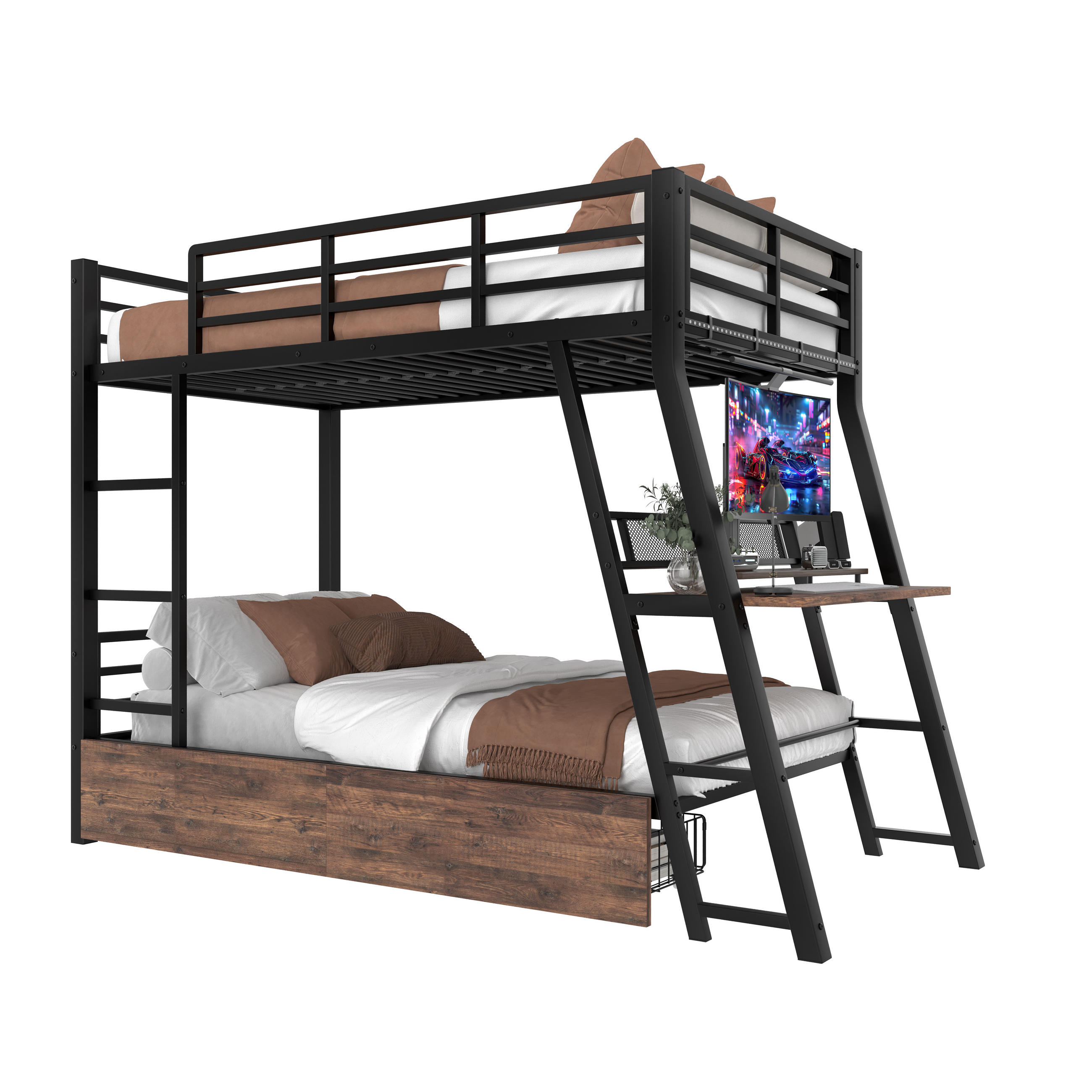 STILVORA HOCHBETT 90/200 cm in Schwarz mit Schreibtisch, 2 Schubladen und LED