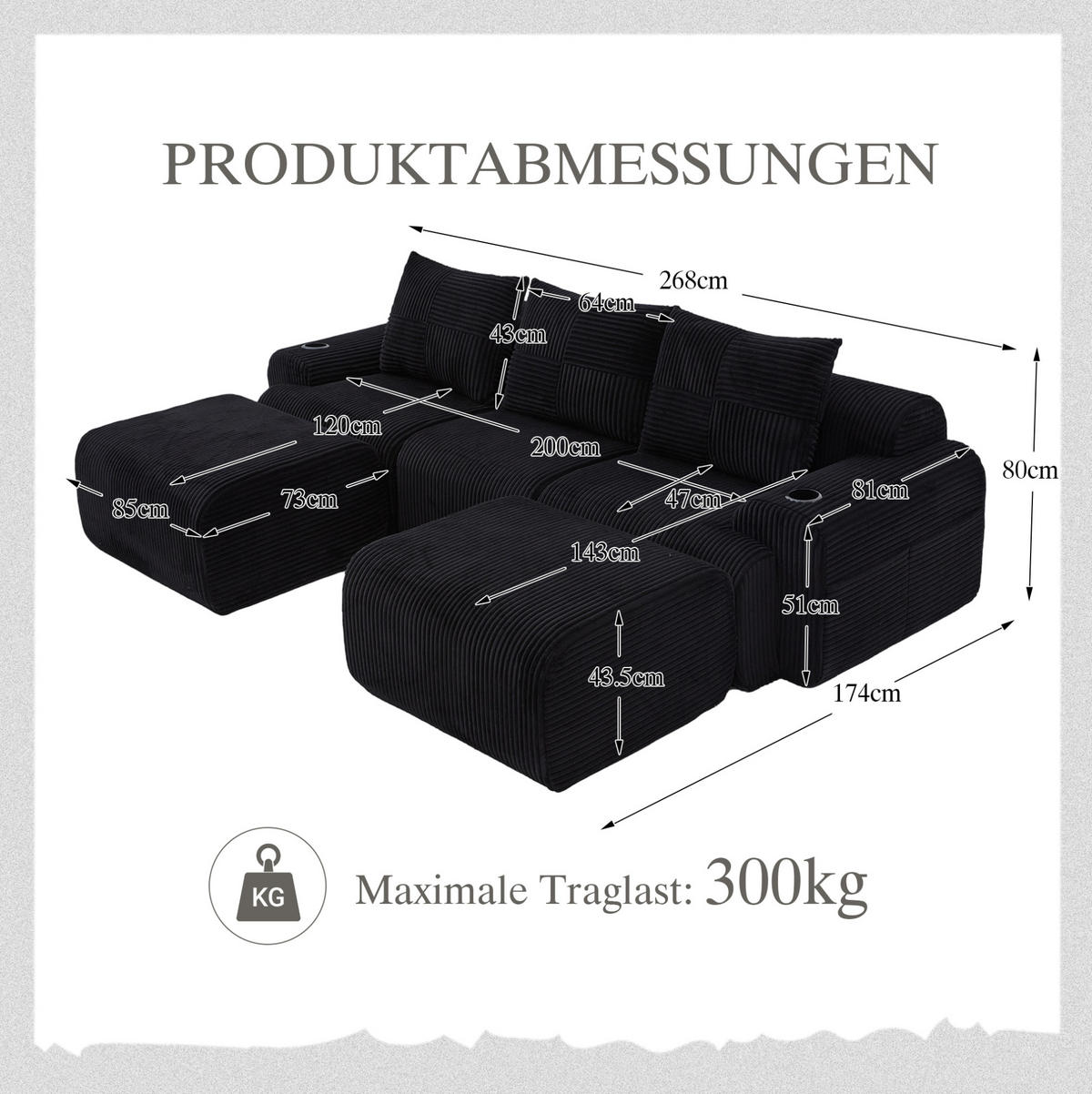 3-SITZER Wohnlandschaft Cord mit Getränkehalter und Aufbewahrungstasche 268/174/80 cm Schwarz - Schwarz, Textil (174/80/268cm) - Redom