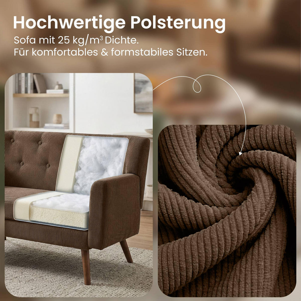 SOFA 120/74 cm Cord Dunkelbraun - Dunkelbraun/Braun, Holz/Textil (120/81/74cm) - CLP