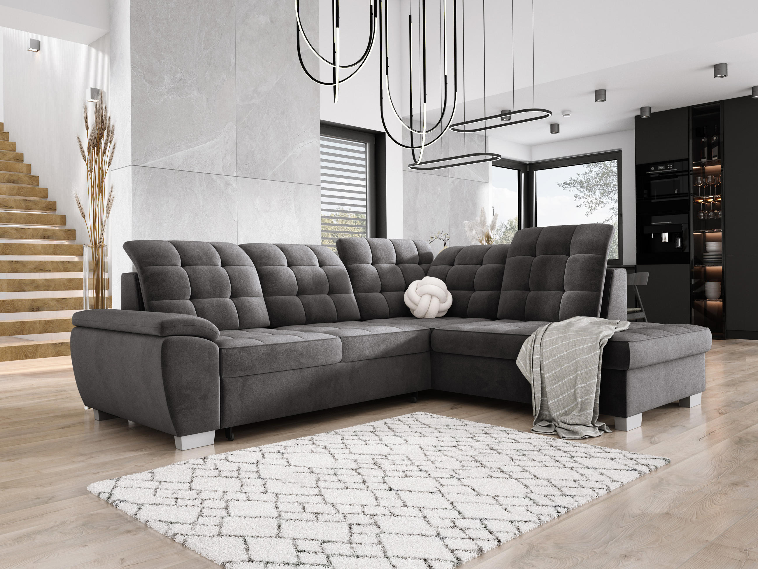 ECKSOFA LOTTA SALVADOR Bettkasten verstellbare Kopfstützen hochwertige Verarbeitung lose Rückenkissen freistehend RECHTS 258x212x106 cm Dark grey - Dunkelgrau, Holz/Textil (258/212cm) - DomoHome