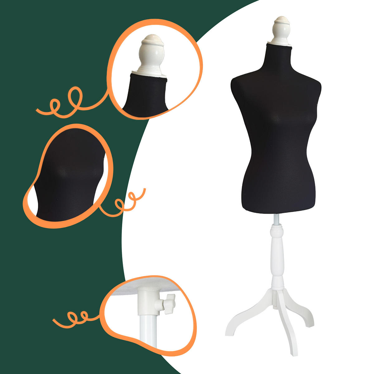 KREJČOVSKÁ panna - černá, dřevo/textil (41/175/34cm) - Relaxdays