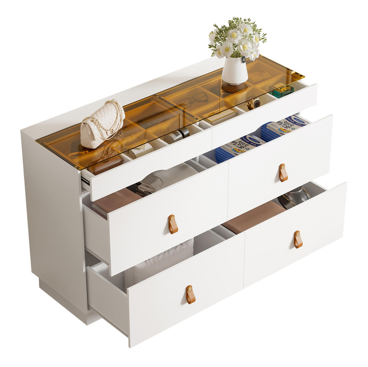KOMODA 120/40/78 cm bílá z MDF a skla se 6 zásuvkami a zrcadlově hladkým skleněným víkem - bílá, sklo (120/78/40cm) - OKWISH