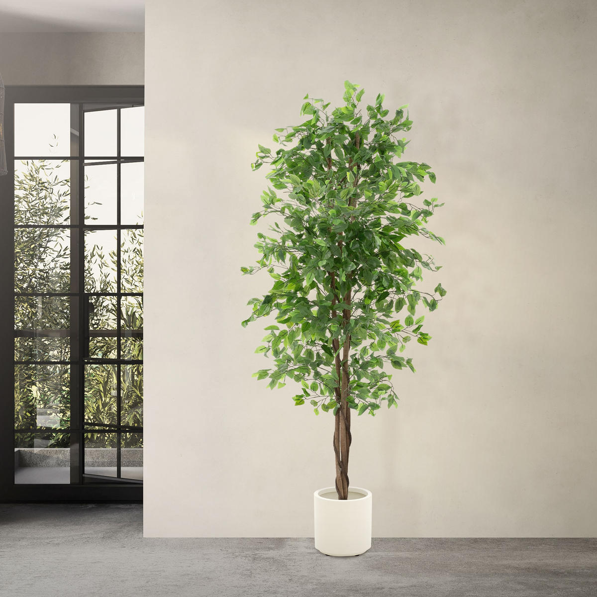 UMĚLÁ ROSTLINA Ficus 210 cm s kmenem z přírodního dřeva pro vnitřní i venkovní použití - černá/zelená barva, textil/plast (210cm) - ML-DESIGN