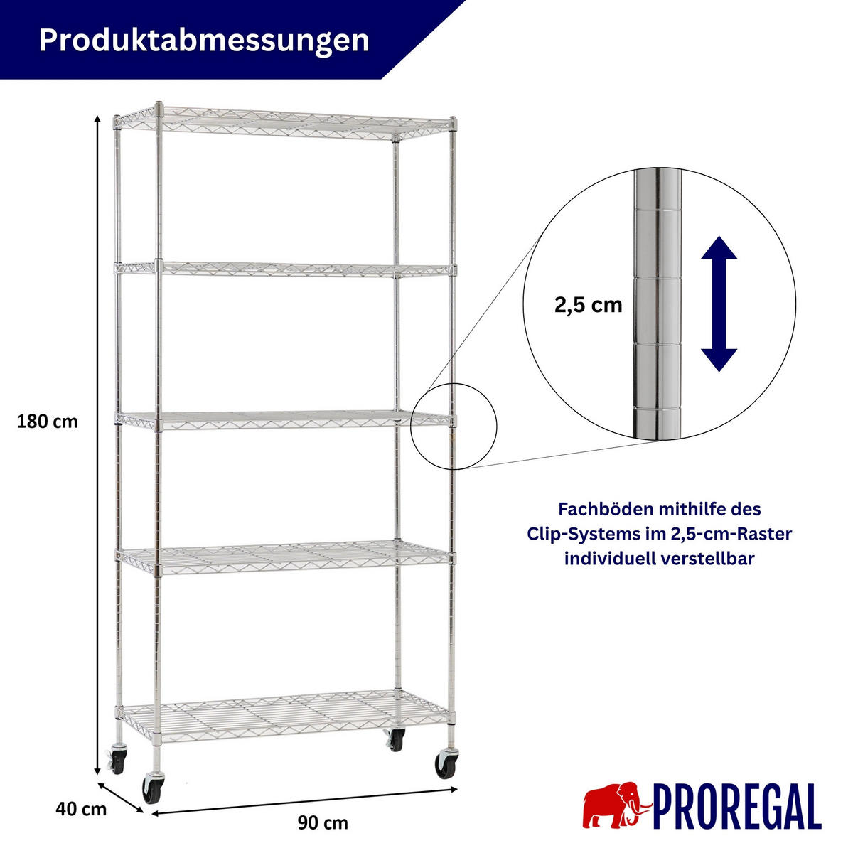 GITTERREGAL HADES mit Rollen & 5 Gitterböden Metall 180x90x40cm Silber - Silberfarben, Metall (90/180/40cm) - PROREGAL