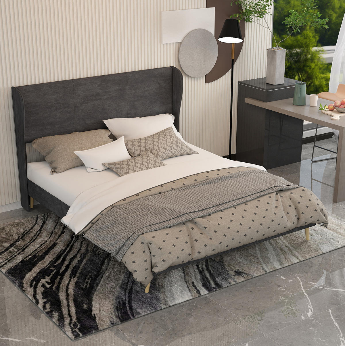 POLSTERBETT 160/200 cm grau aus Stoff und Metall mit gepolstertem Kopfteil - Grau, Textil (160/200cm) - OKWISH