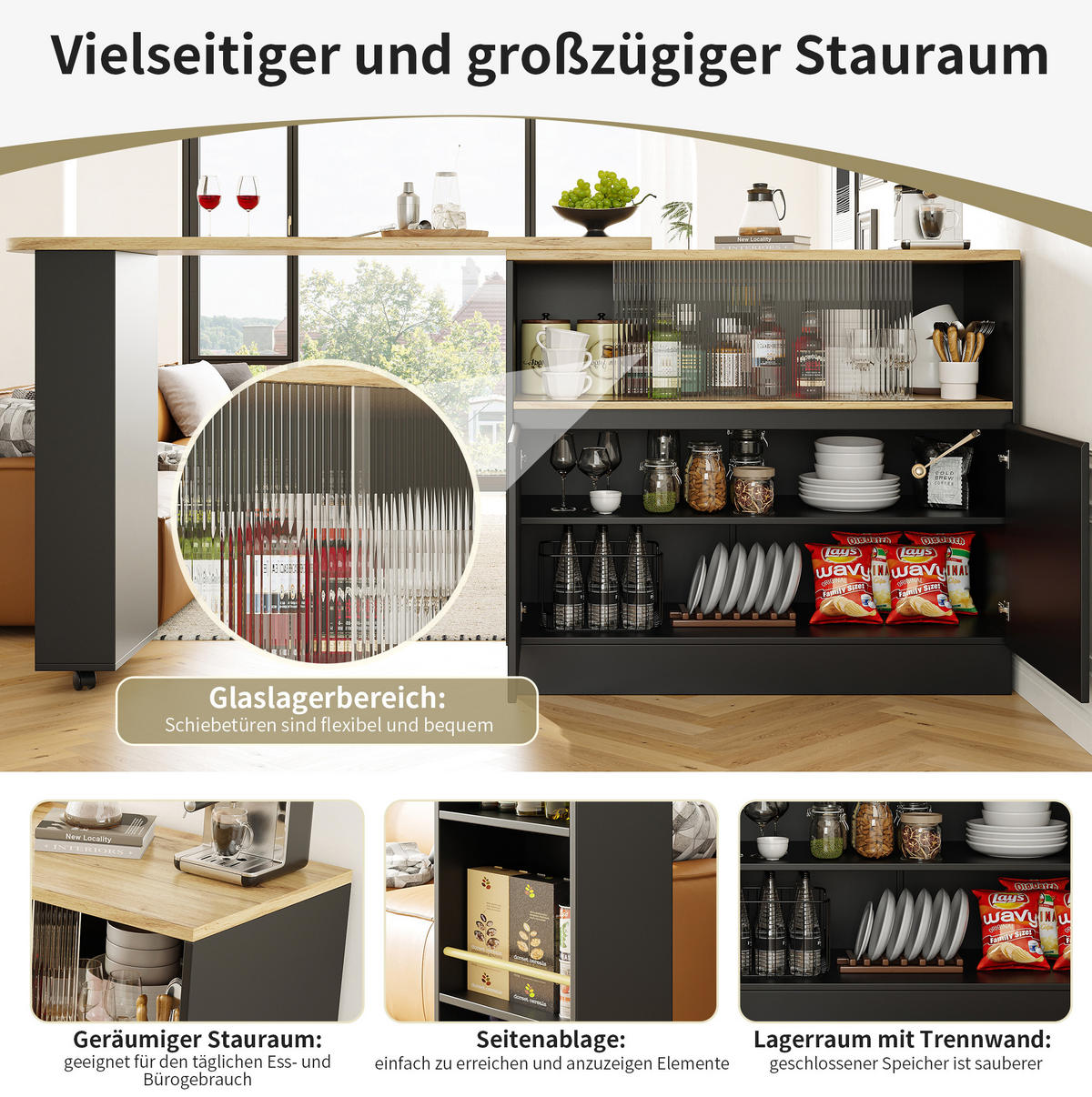 BAROVÁ skříňka 90/45/100 cm černá z MDF s 360° otočným designem a skleněnými dveřmi - černá, kompozitní dřevo (90/45/100cm) - OKWISH