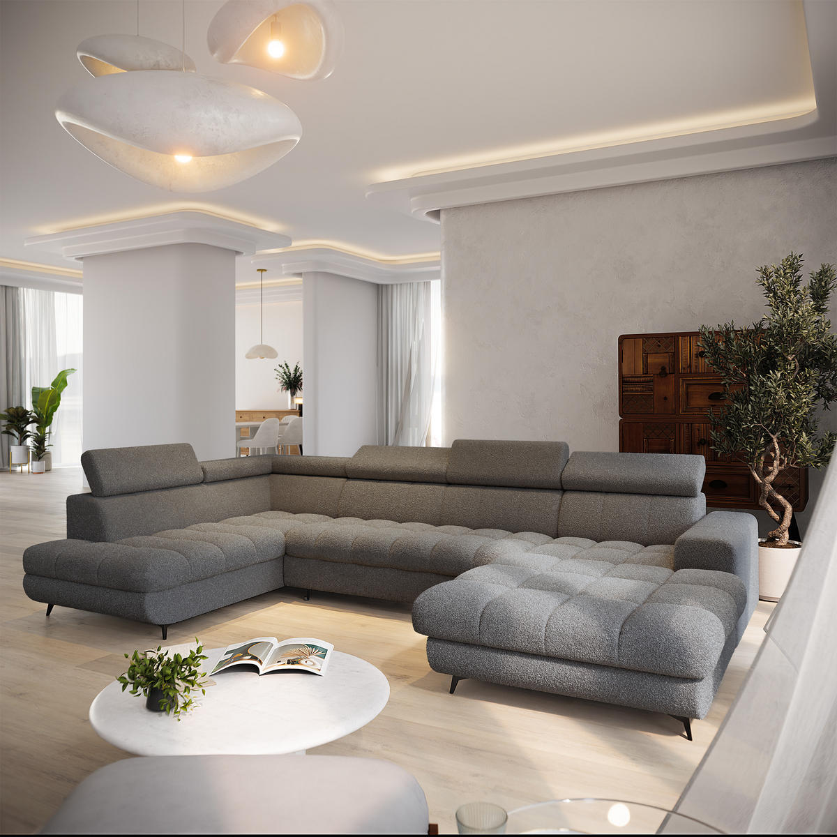 WOHNLANDSCHAFT CORENO Grau Boucle-Stoff mit Schlaffunktion - Grau, Holz (345/88/190cm) - MASSENO
