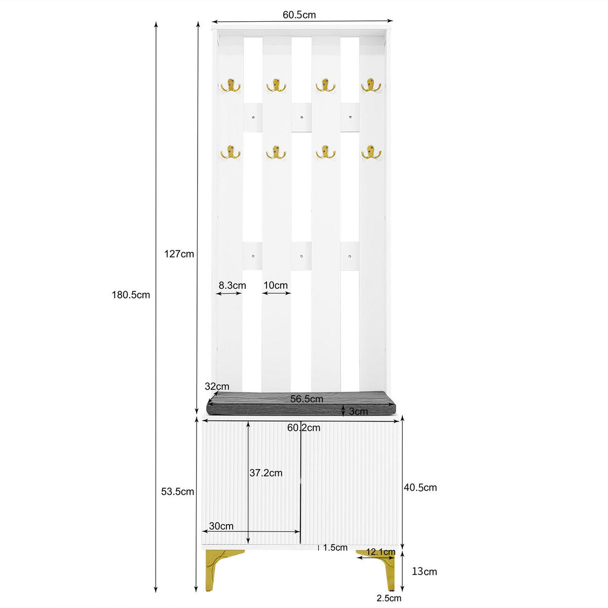 IN Weiß Kleiderschrank-Set mit Schuhbank und Kissen, Garderobenfront mit Haken für Flur, B60.5/T35.2/H180.5cm - Goldfarben/Weiß, Holzwerkstoff/Metall (60.5/180.5/35.2cm) - STILVORA