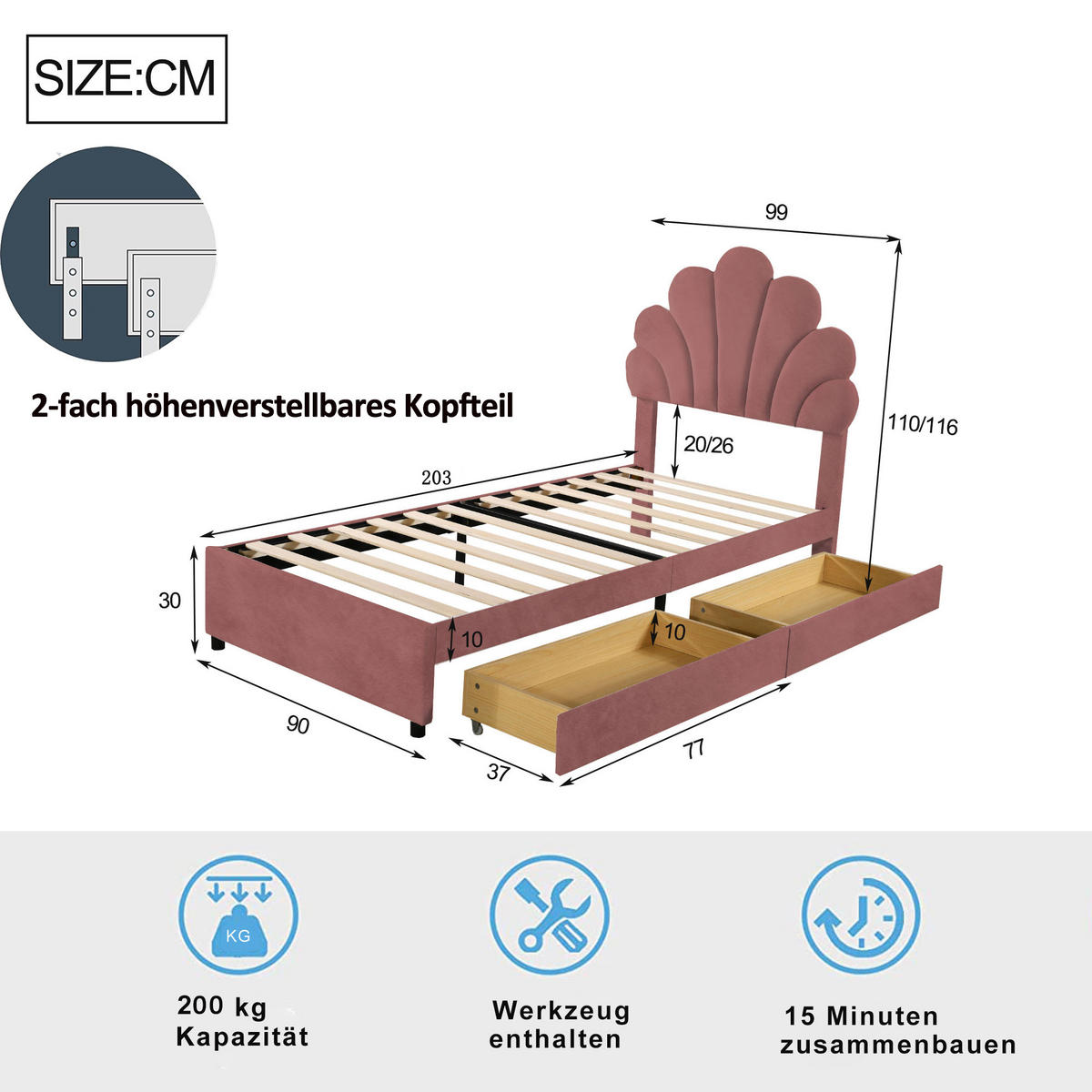 POLSTERBETT 90/200 cm Bohnenrot aus Samt mit 2 Schubladen - Dunkelrosa, Textil (90/200cm) - OKWISH
