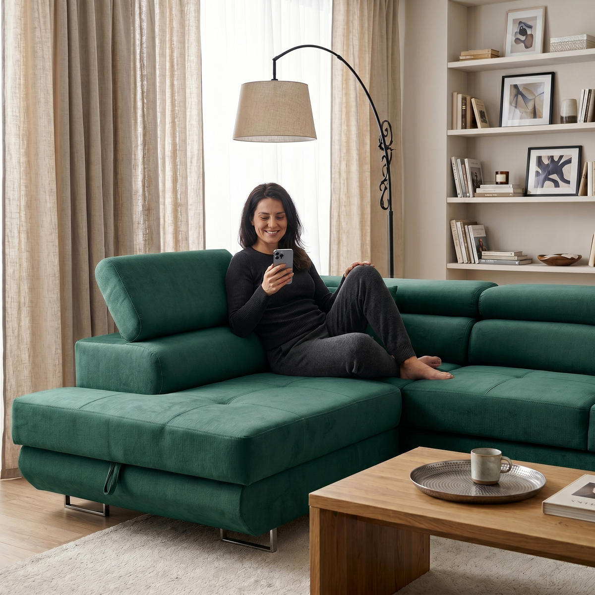 ECKSOFA WILD L Links mit Schlaffunktion 127x195 Velours Dunkelgrün - Chromfarben/Dunkelgrün, Holz/Textil (203/274cm) - Muffo