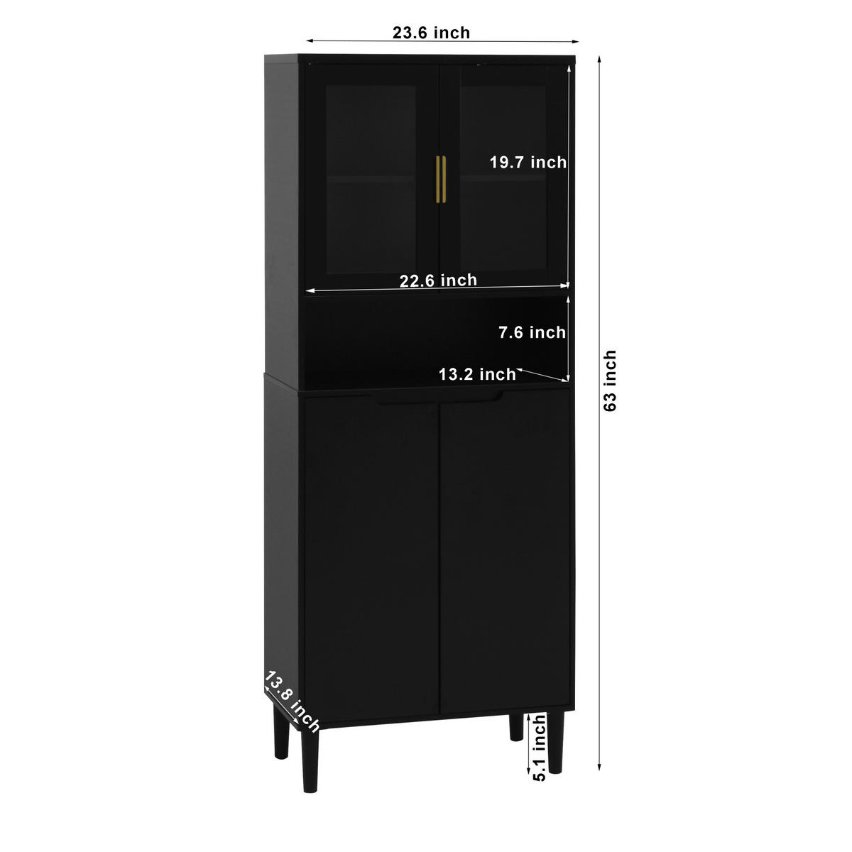 HOCHSCHRANK mit Glastüren, verstellbarem Einlegeboden und Kippschutz, vielseitiger Stauraum, Schwarz - Schwarz, Holzwerkstoff (60/160/35cm) - Redom