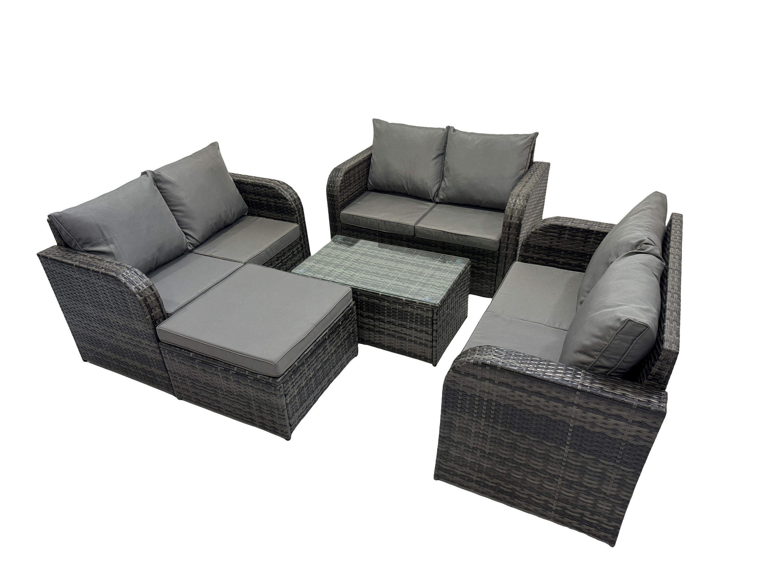 GARTENMÖBELGARNITUR mit KISSEN Polyrattan Dunkelgrau 7-Sitzer - Dunkelgrau/Grau, Glas/Kunststoff - Fimous