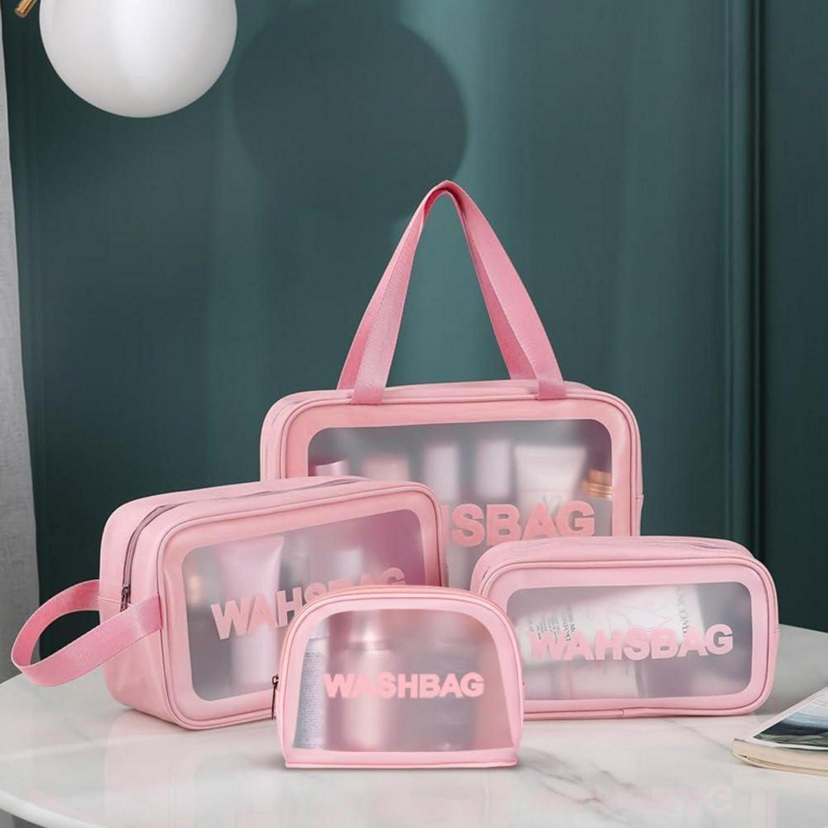 KULTURBEUTEL 4-teiliges Set, transparent, in Rosa - Rosa, Kunststoff (22.5/5.8/32.5cm)