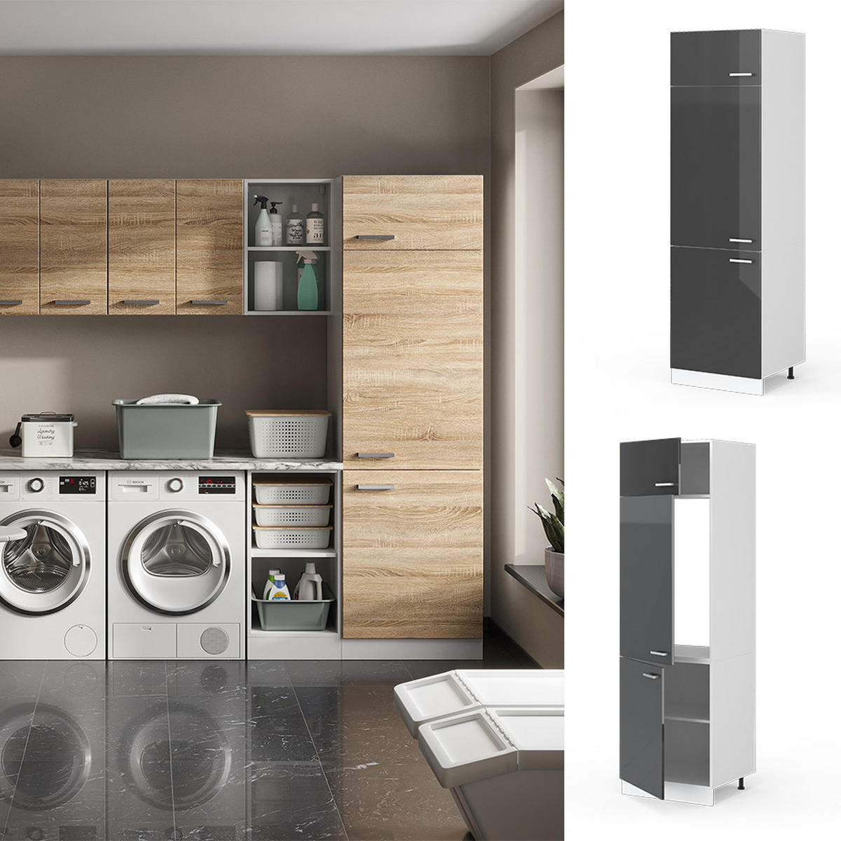 UNIVERZÁLNÍ SPÍŽNÍ SKŘÍŇKA R-Line Antracitový vysoký lesk - bílá/vysoce lesklá černá, kompozitní dřevo (60/207/57.2cm) - Vicco