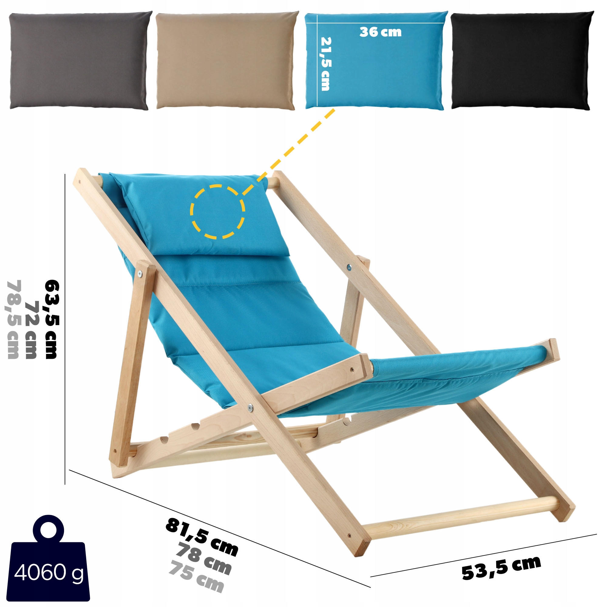 STRANDLIEGE mit Kopfstütze Blau - Blau, Holz (54/82cm) - KADAX
