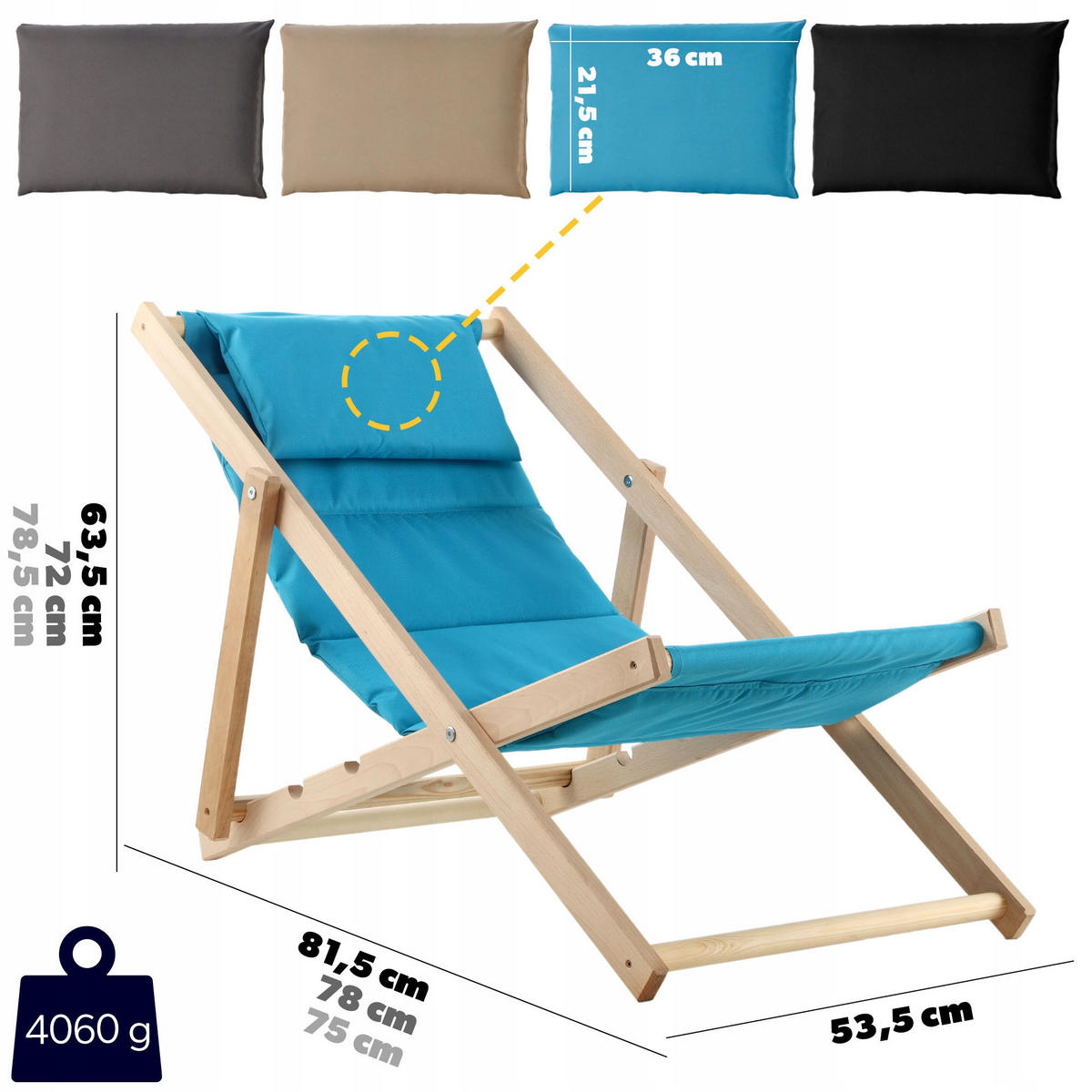 STRANDLIEGE mit Kopfstütze Blau - Blau, Holz (54/82cm) - KADAX