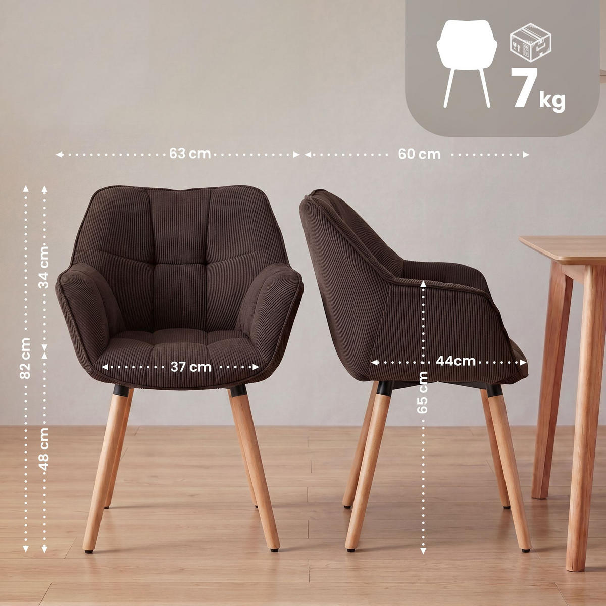 ARMLEHNENSTUHL Cord Dunkelbraun - Dunkelbraun, Holz/Textil (63/82/60cm) - CLP
