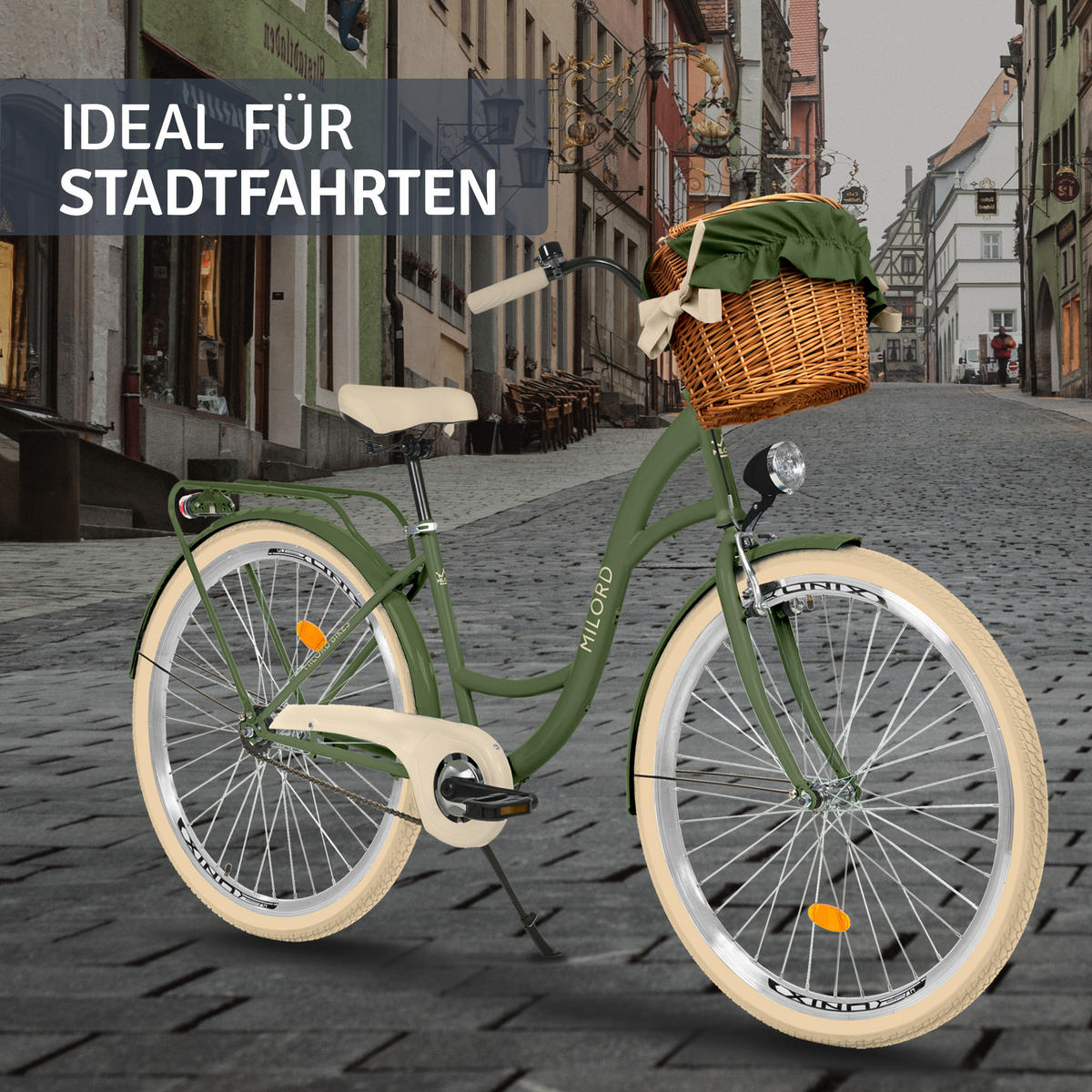 CITY-FAHRRAD Milord mit Weidenkorb, 26 Zoll, Khaki, 1-Gang - Grün, Metall (46cm) - Milordbikes
