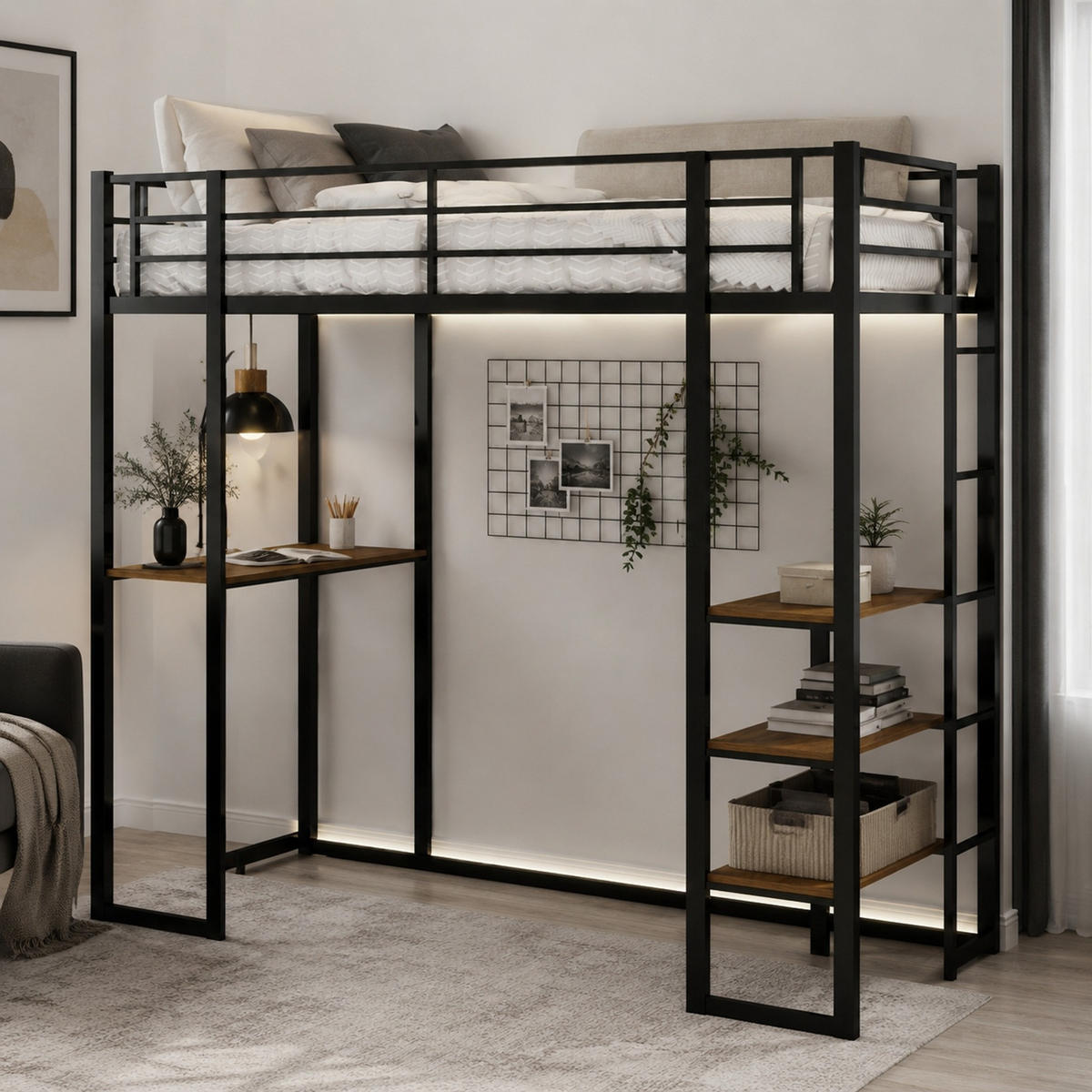 HOCHBETT 90/190 mit Schreibtisch und Stauraum in Schwarz - Schwarz, Holzwerkstoff/Metall (90/200cm) - EVRYAE