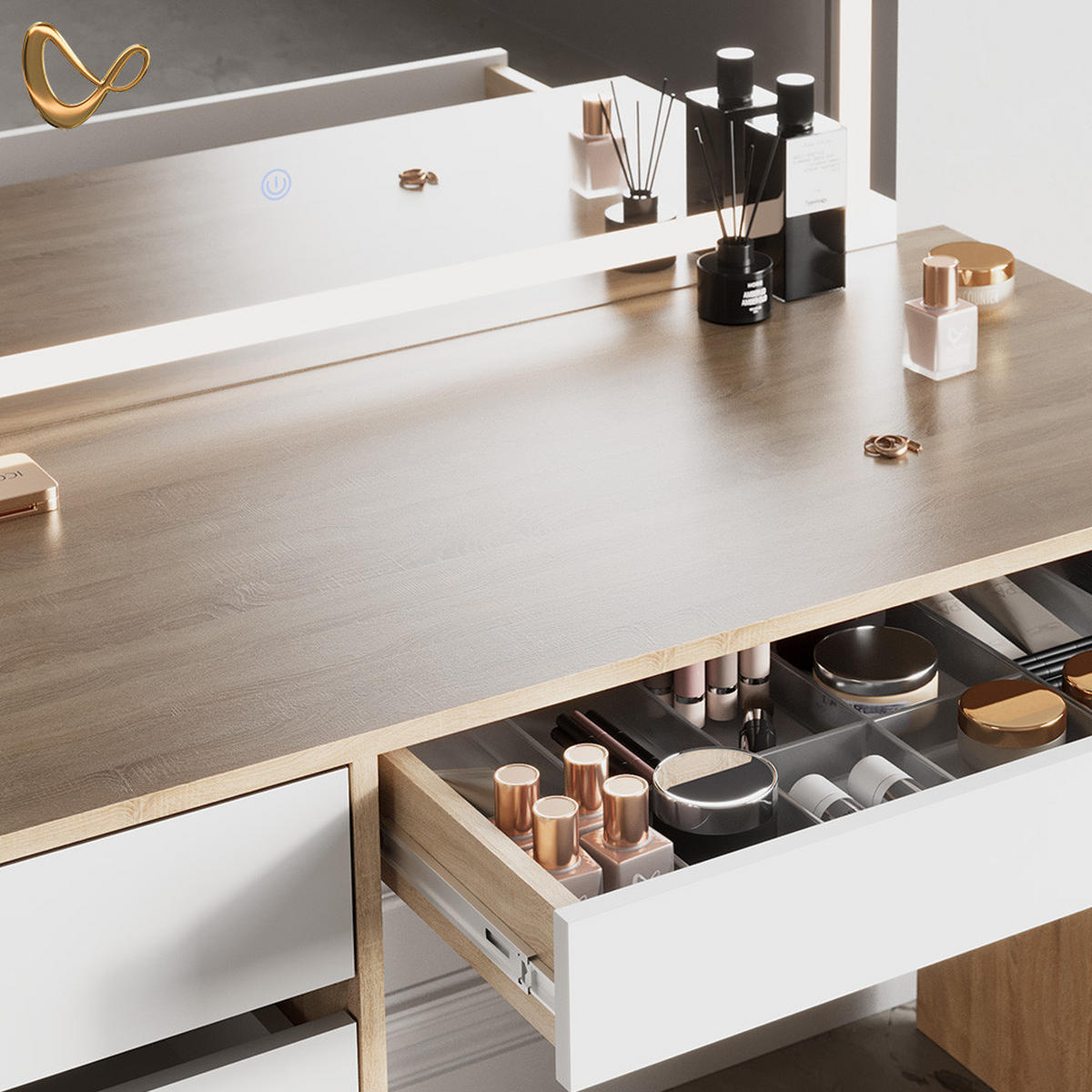 SCHMINKTISCH Imola Weiß/Sonoma mit LED Spiegel und Hocker - Weiß/Sonoma Eiche, Holzwerkstoff (120/75/55cm) - Livinity®