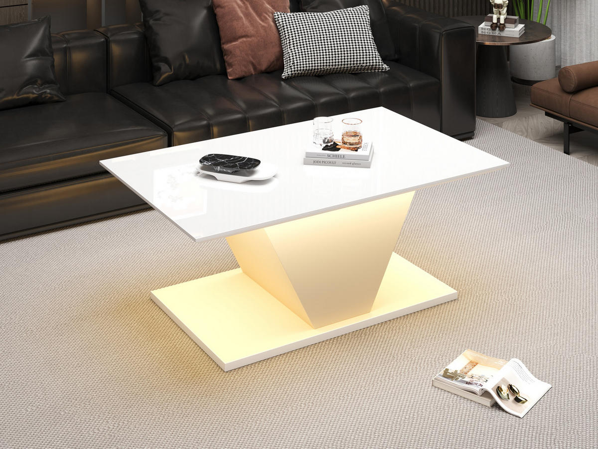 COUCHTISCH, V‑Form, weiß mit Hochglanz-Tischplatte und steuerbarer LED-Beleuchtung, 100/50/46 cm,weiß - Weiß, Holzwerkstoff (100/50/46cm) - Redom