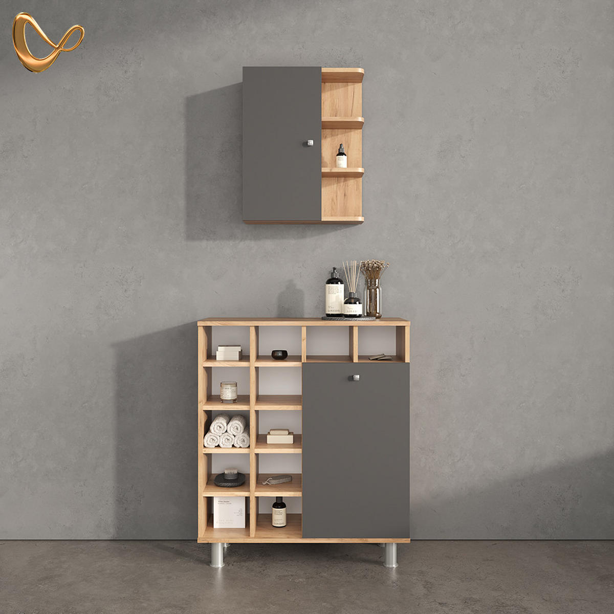 BADSCHRANK Fucino Anthrazit 47.2 x 59.2 cm - Anthrazit/Braun, Holzwerkstoff (47.2/59.2/20.8cm) - Livinity®