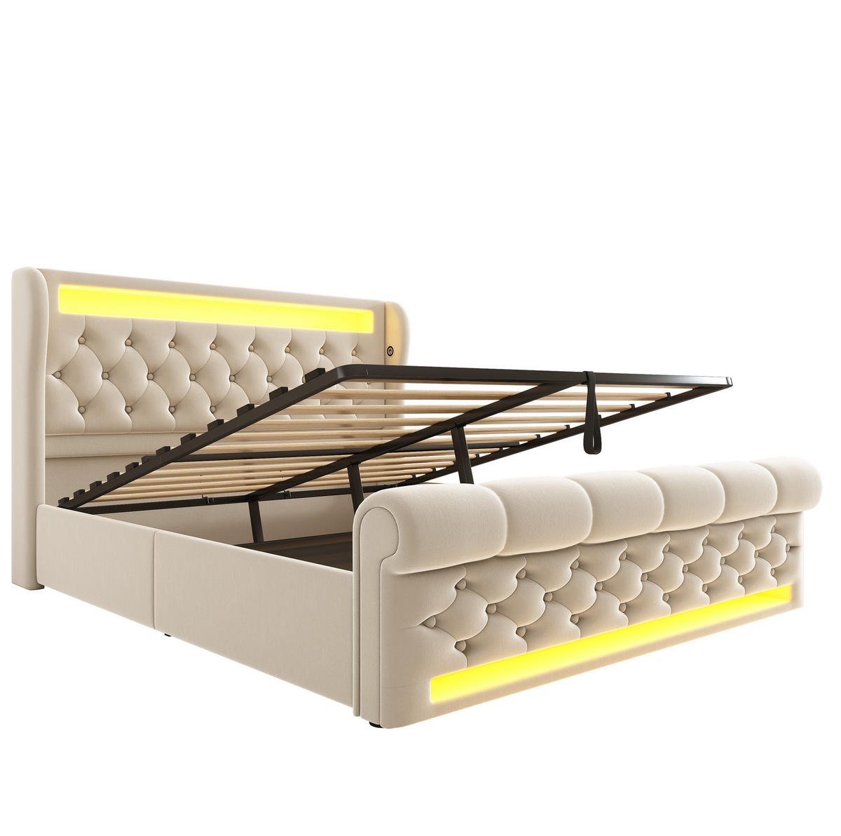 POLSTERBETT 140/190 cm Beige mit LED-Beleuchtung und USB- und Type-C-Anschlüssen - Beige, Textil (140/190cm) - Flora Grace