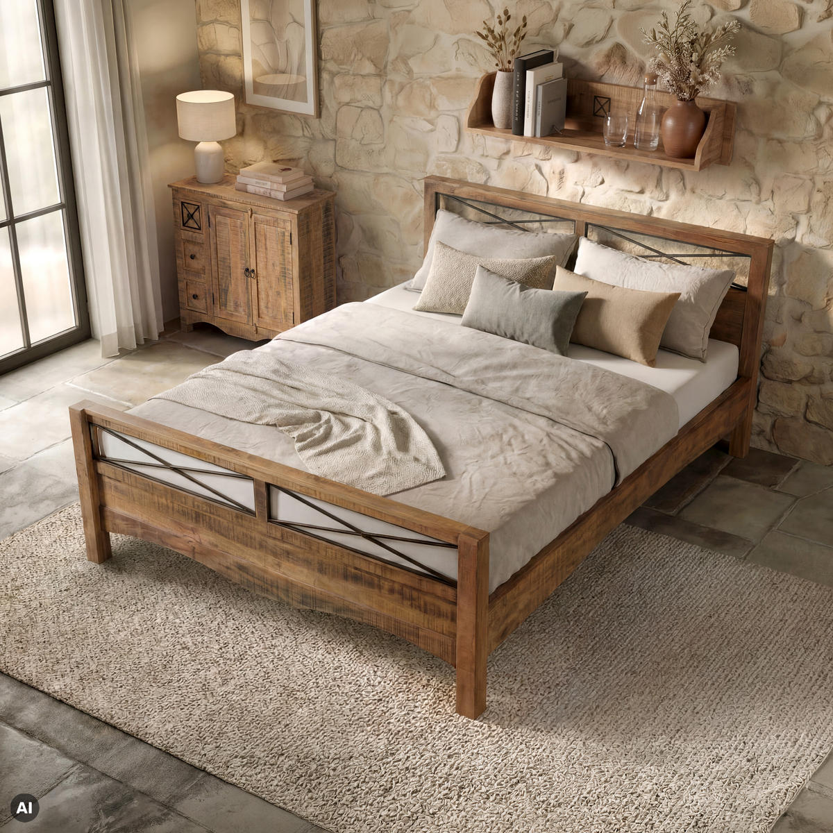 BETT Massivholz Akazie 200 x 200 x 100 natur NATURE OF SPIRIT #348 - Naturfarben, Holz (200/200cm) - Massivmoebel24
